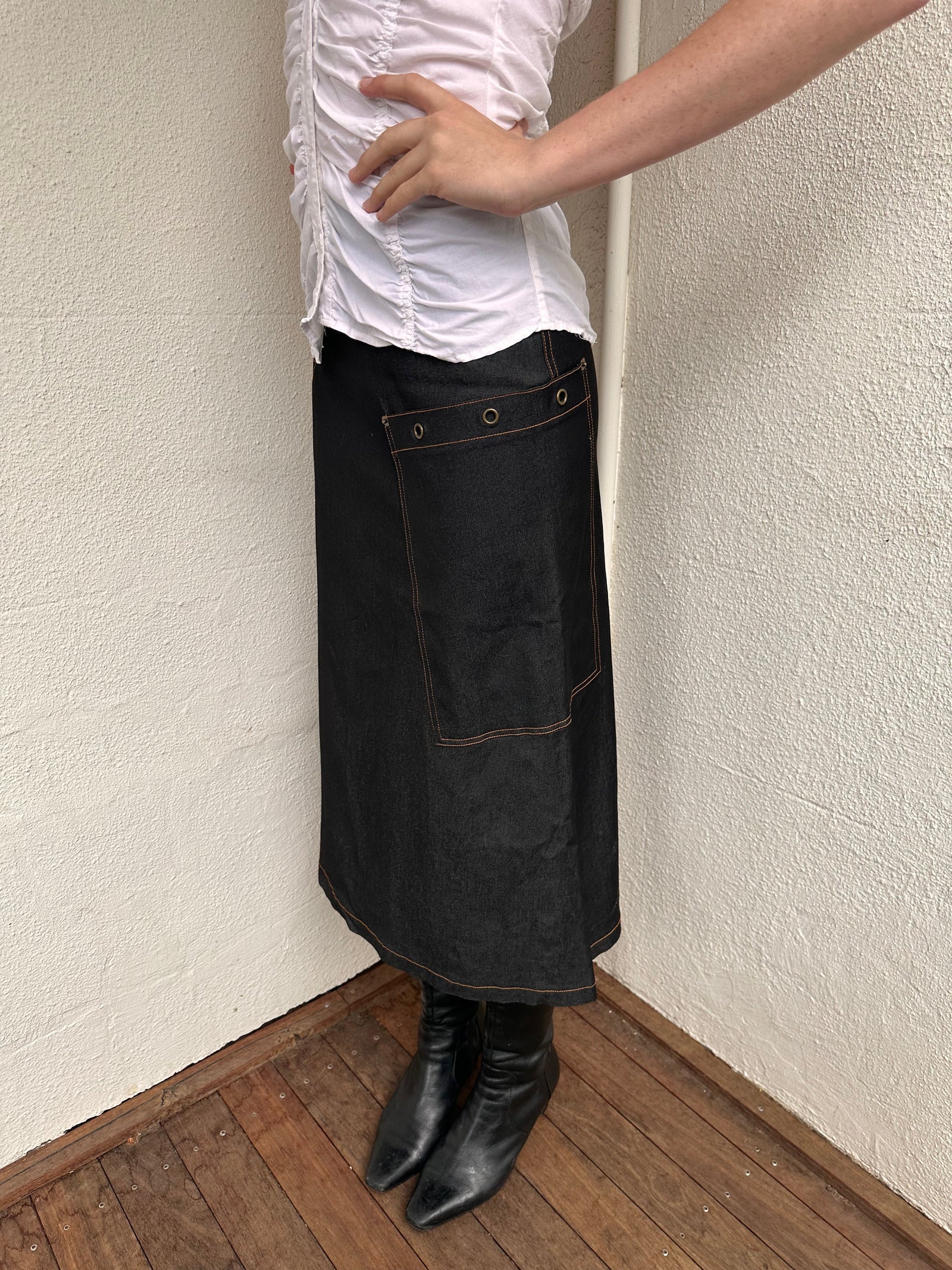 office collection featuring denim skirt and white blouser. 