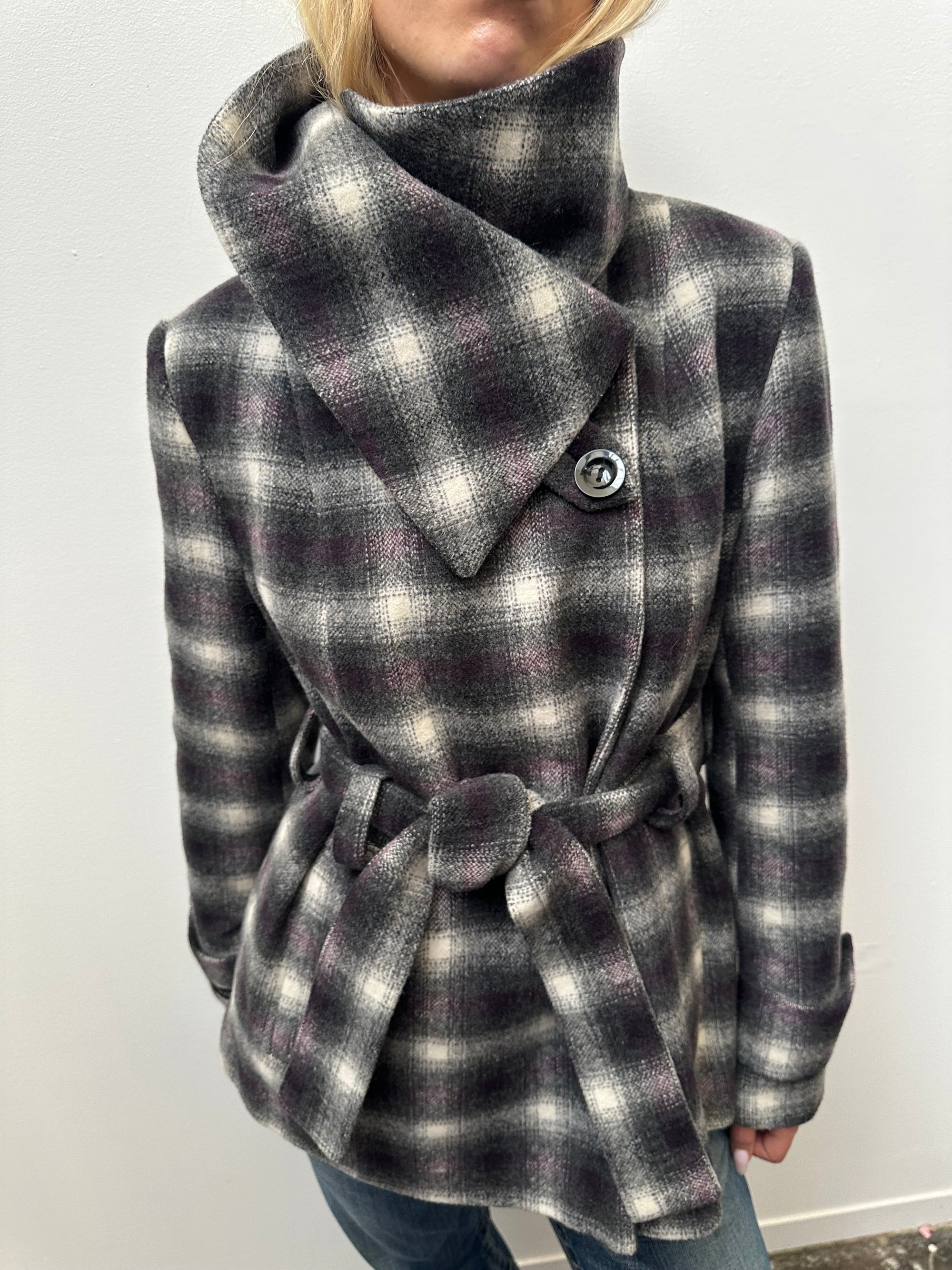 Purple & Black Tartan Funnel Neck Jacket - Size L