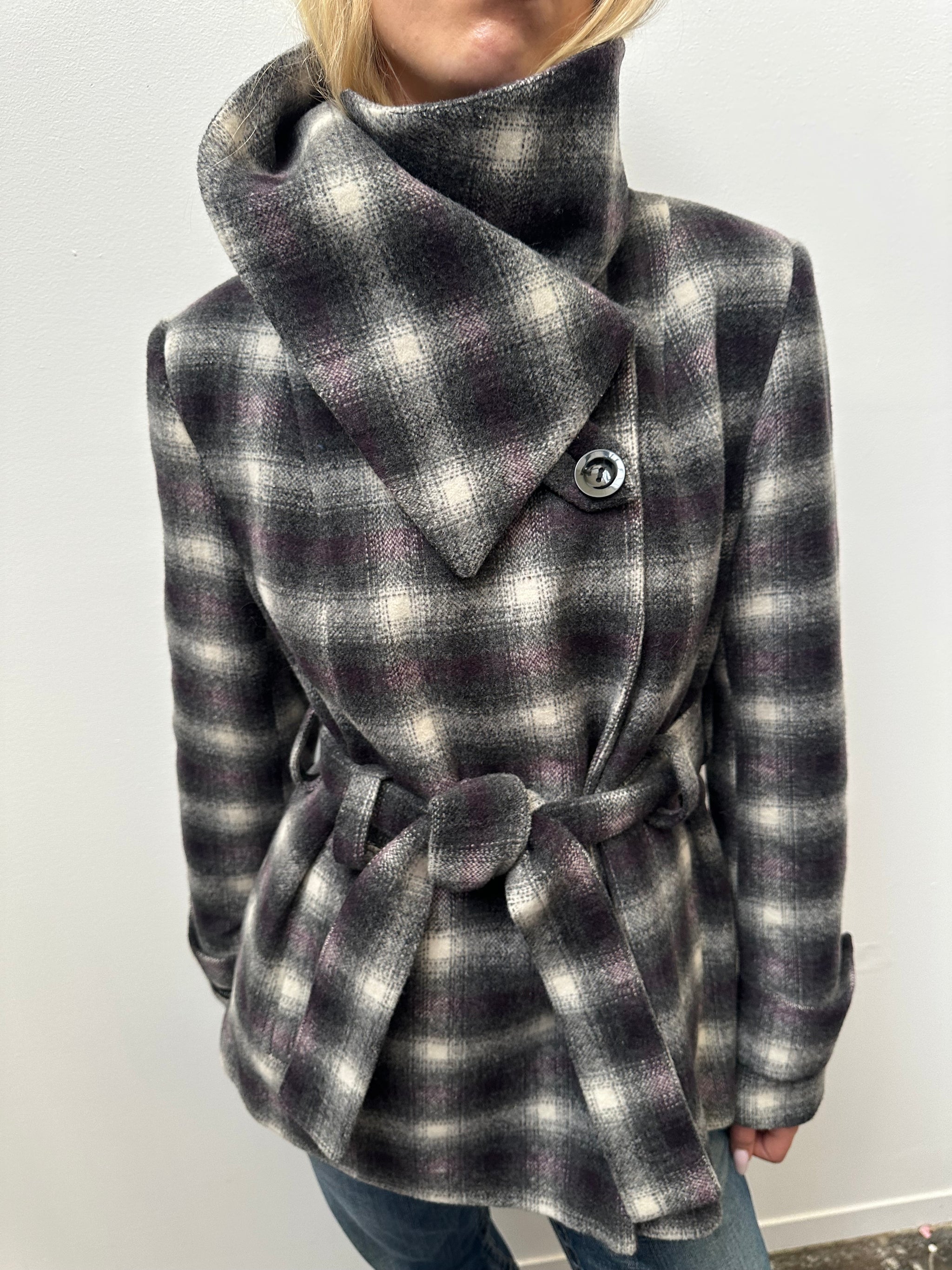 Purple & Black Tartan Funnel Neck Jacket - Size L