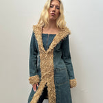 Denim Faux Fur Trimmed Hooded Jacket - Size S