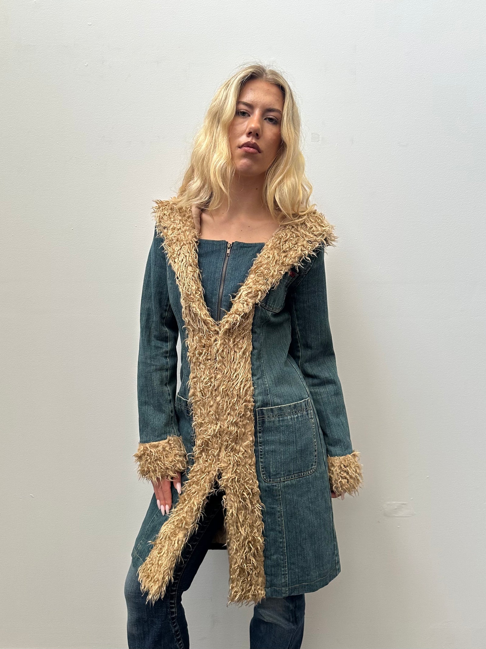 Denim Faux Fur Trimmed Hooded Jacket - Size S