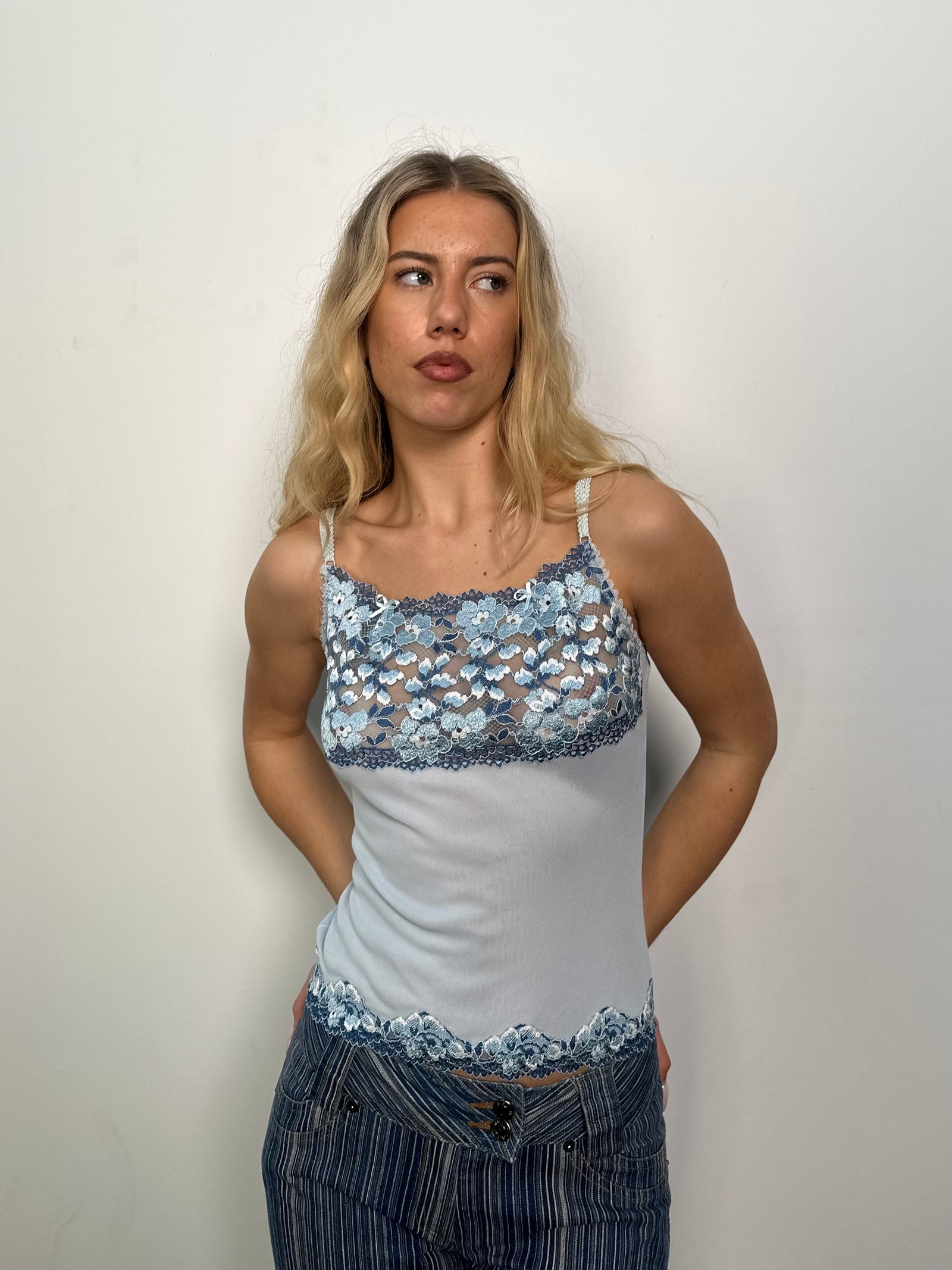 Baby Blue Floral Lace Cami Top - Size S