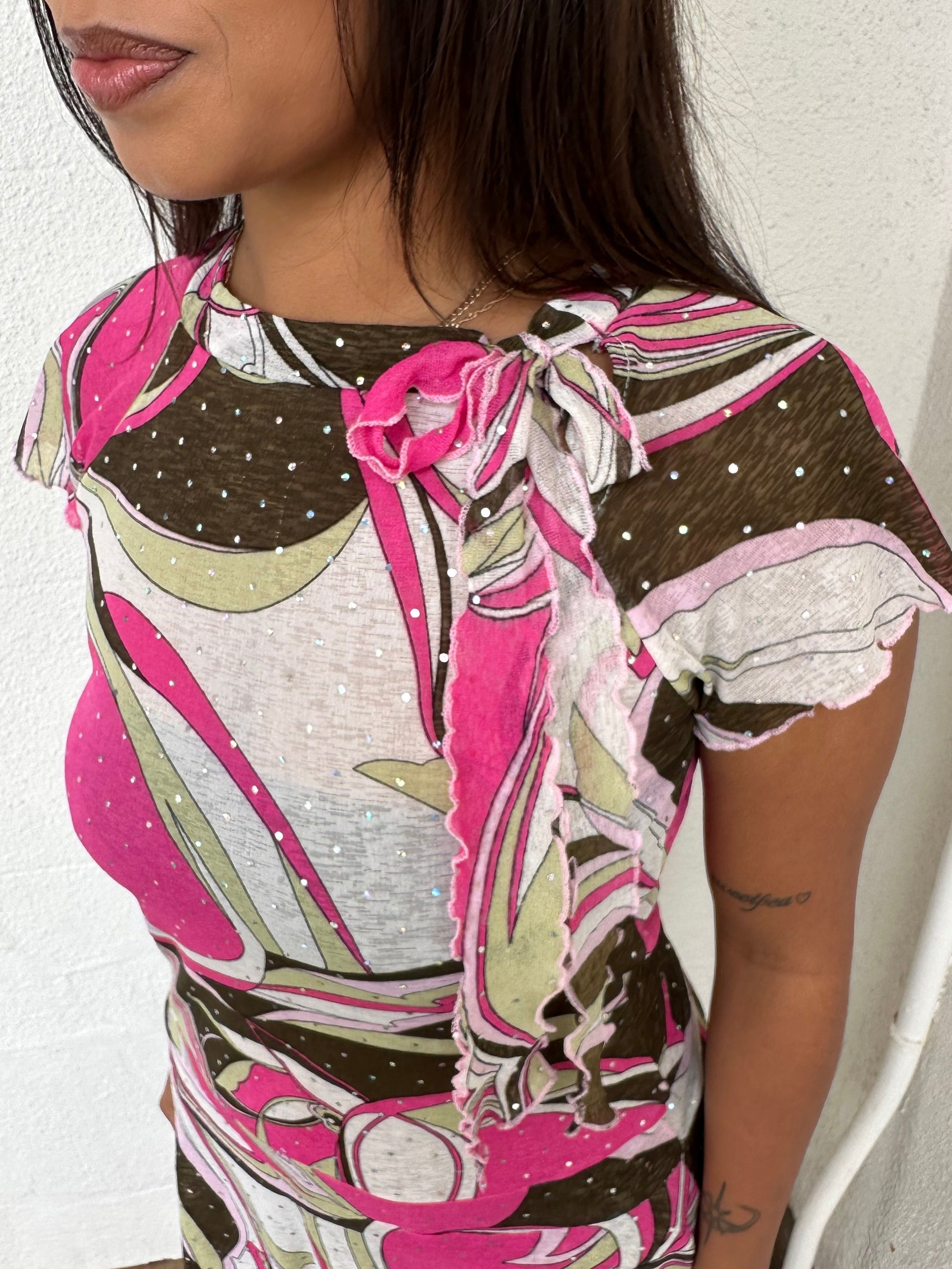 Pink & Brown Sparkly Mesh Asymmetric Top