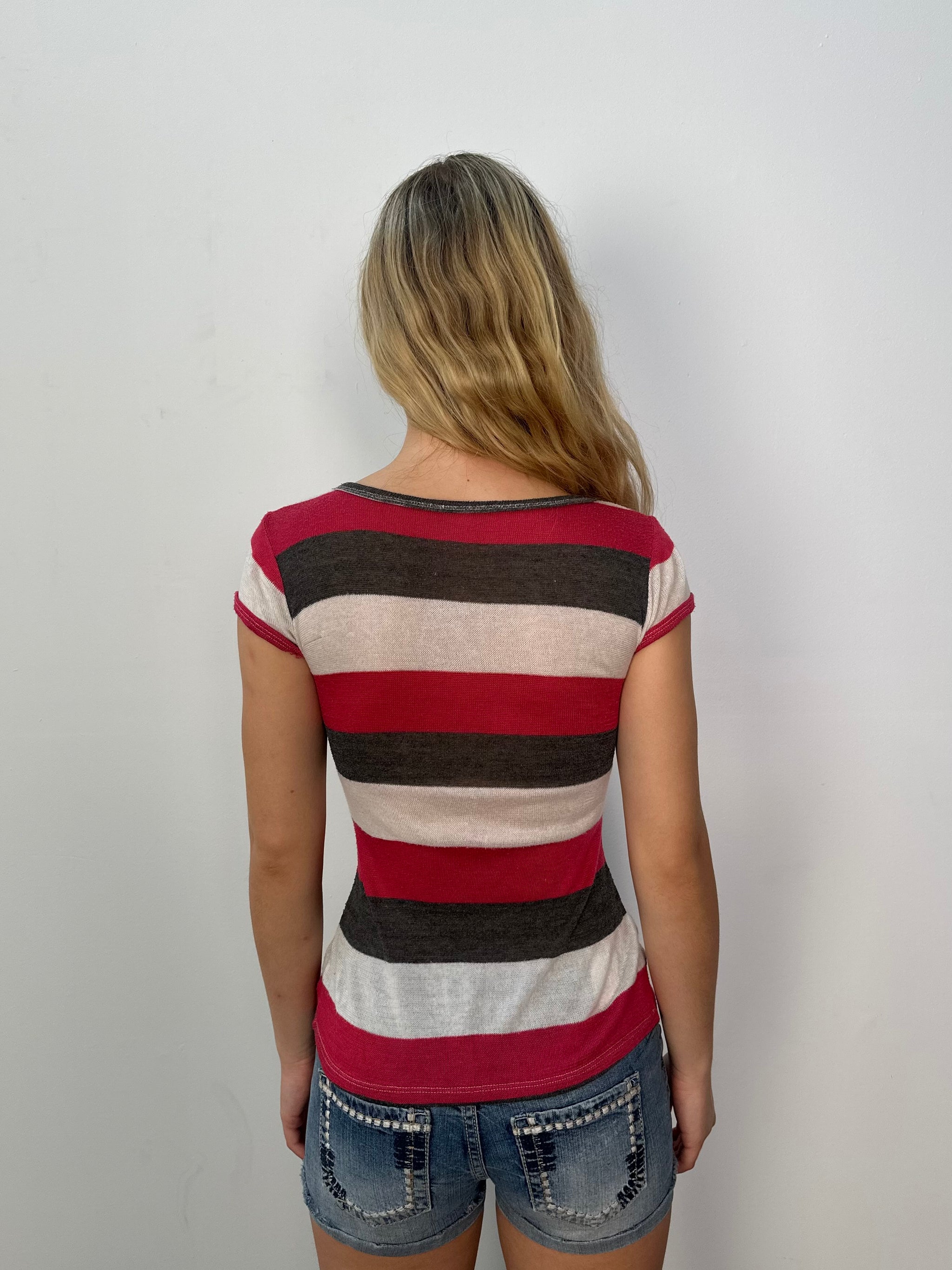 Red & White Stripe Button Up T-Shirt - Size S
