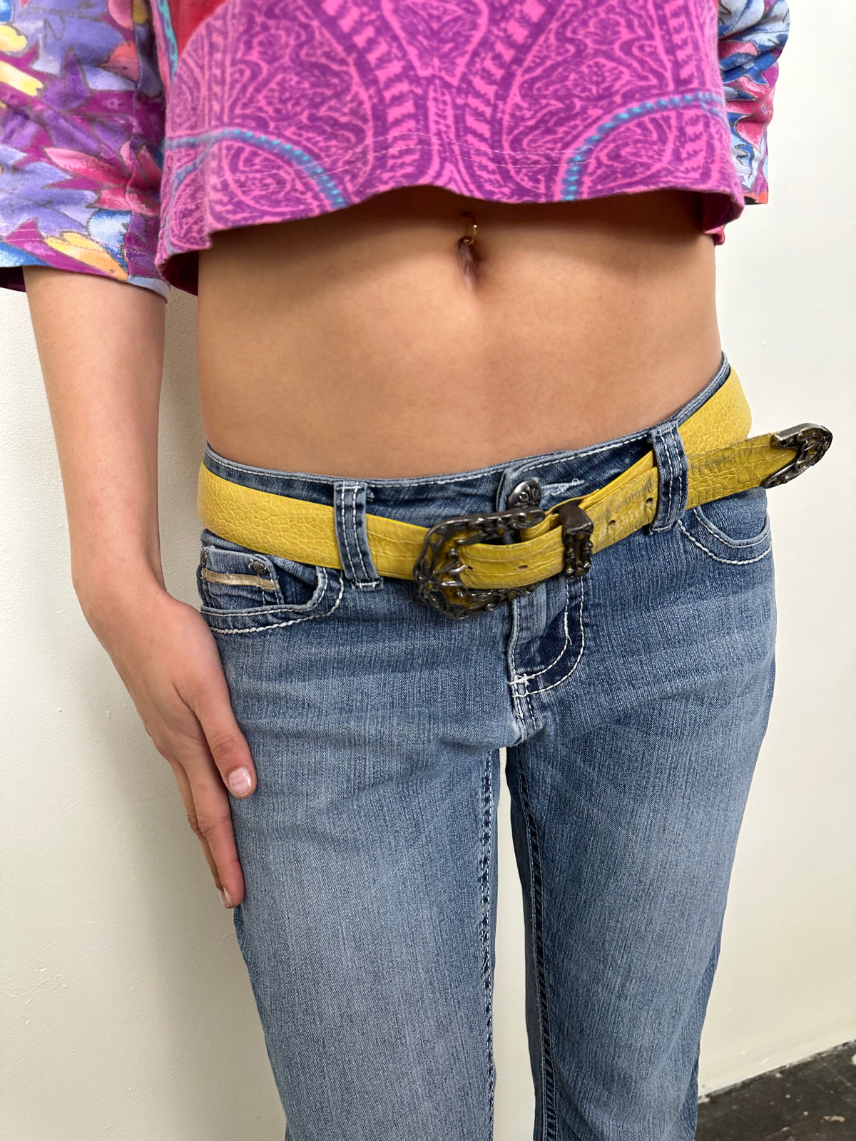 Decorative Silver Buckle Yellow Leather Belt