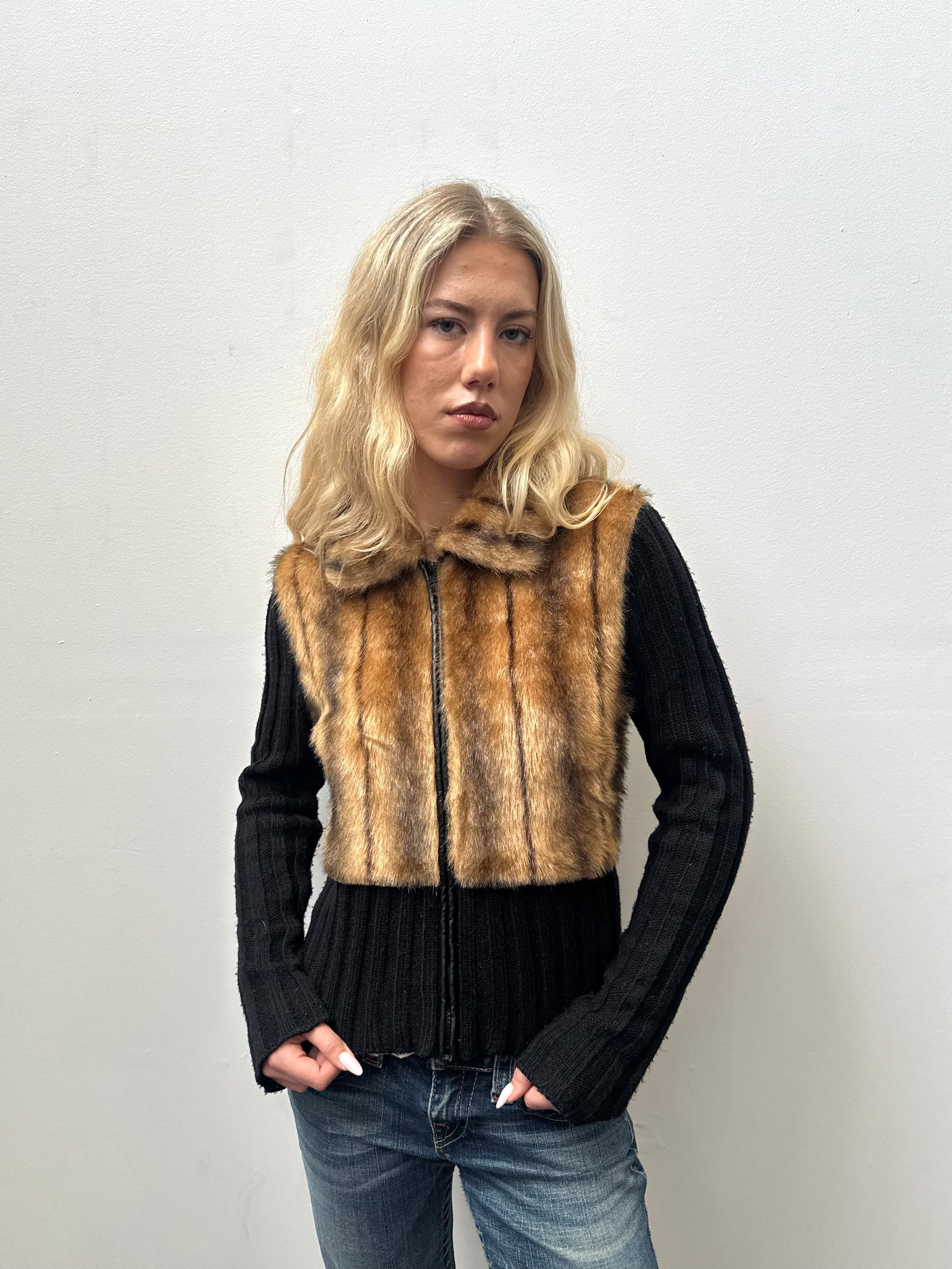 Brown Faux Fur & Black Ribbed Zip Up - Size M