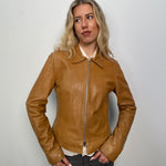 Tan Double Zip Leather Jacket - Size S