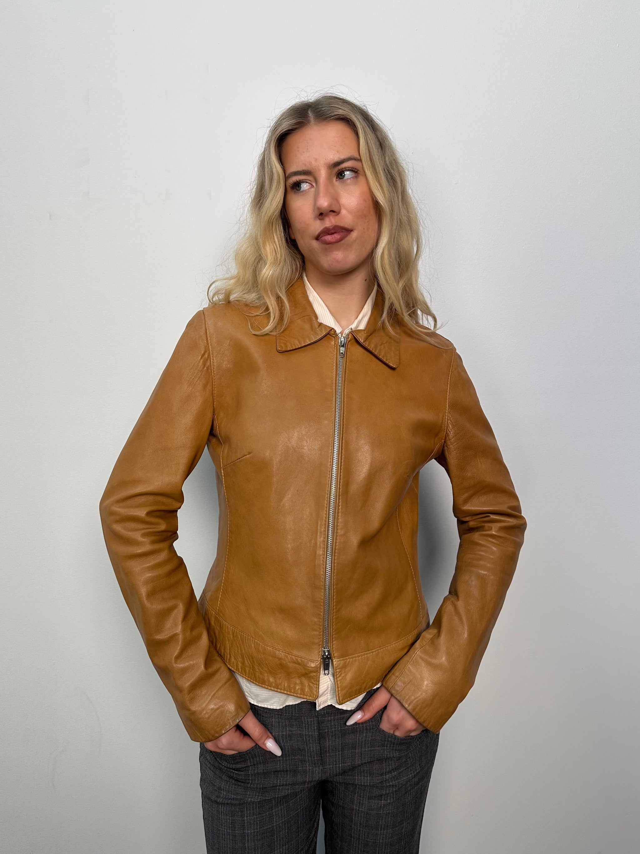Tan Double Zip Leather Jacket - Size S