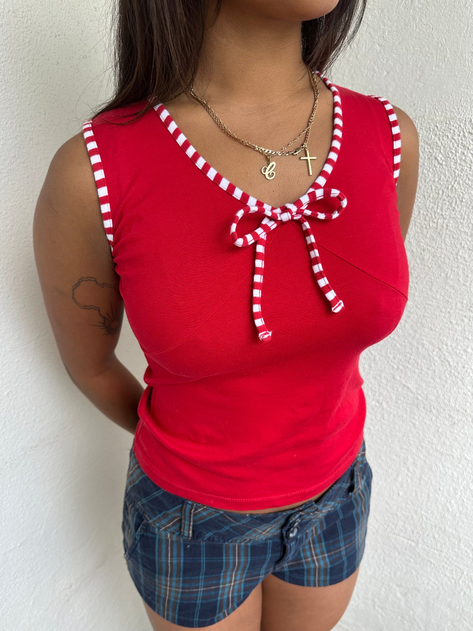 Red & White Stripe Trimmed Tank Top