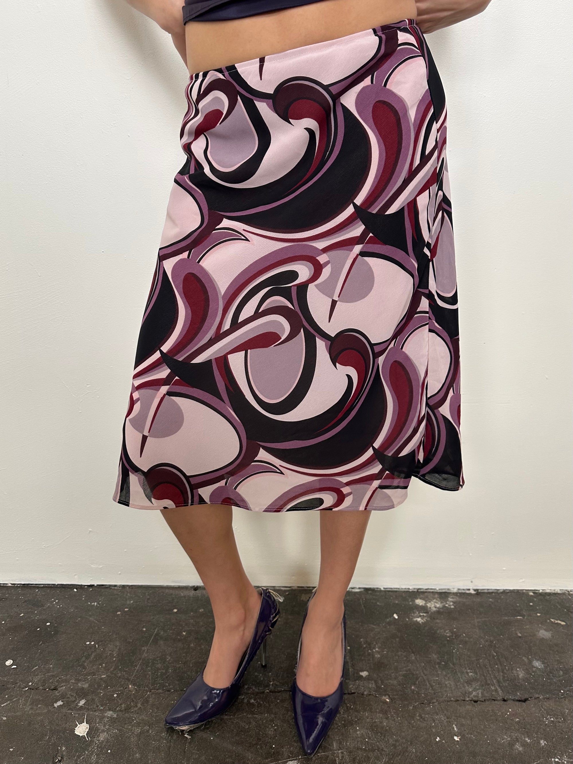 Purple Abstract Swirl Pattern Midi Skirt - Size XS