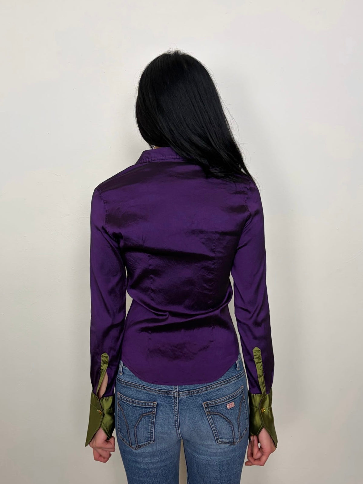 Deep Purple & Olive Green Satin Shirt - Size S