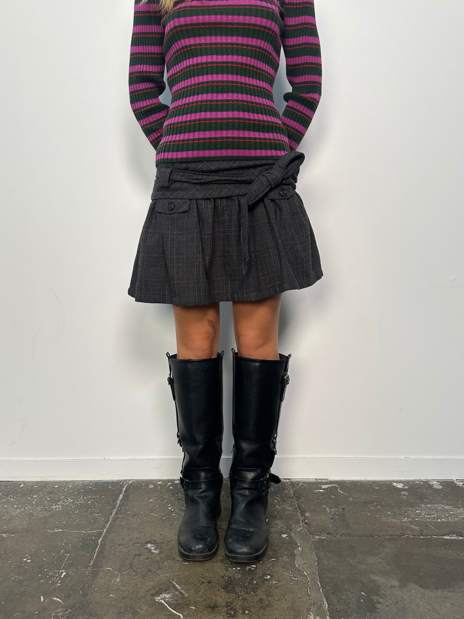 Dark Grey Woven Check Mini Skirt - Size L