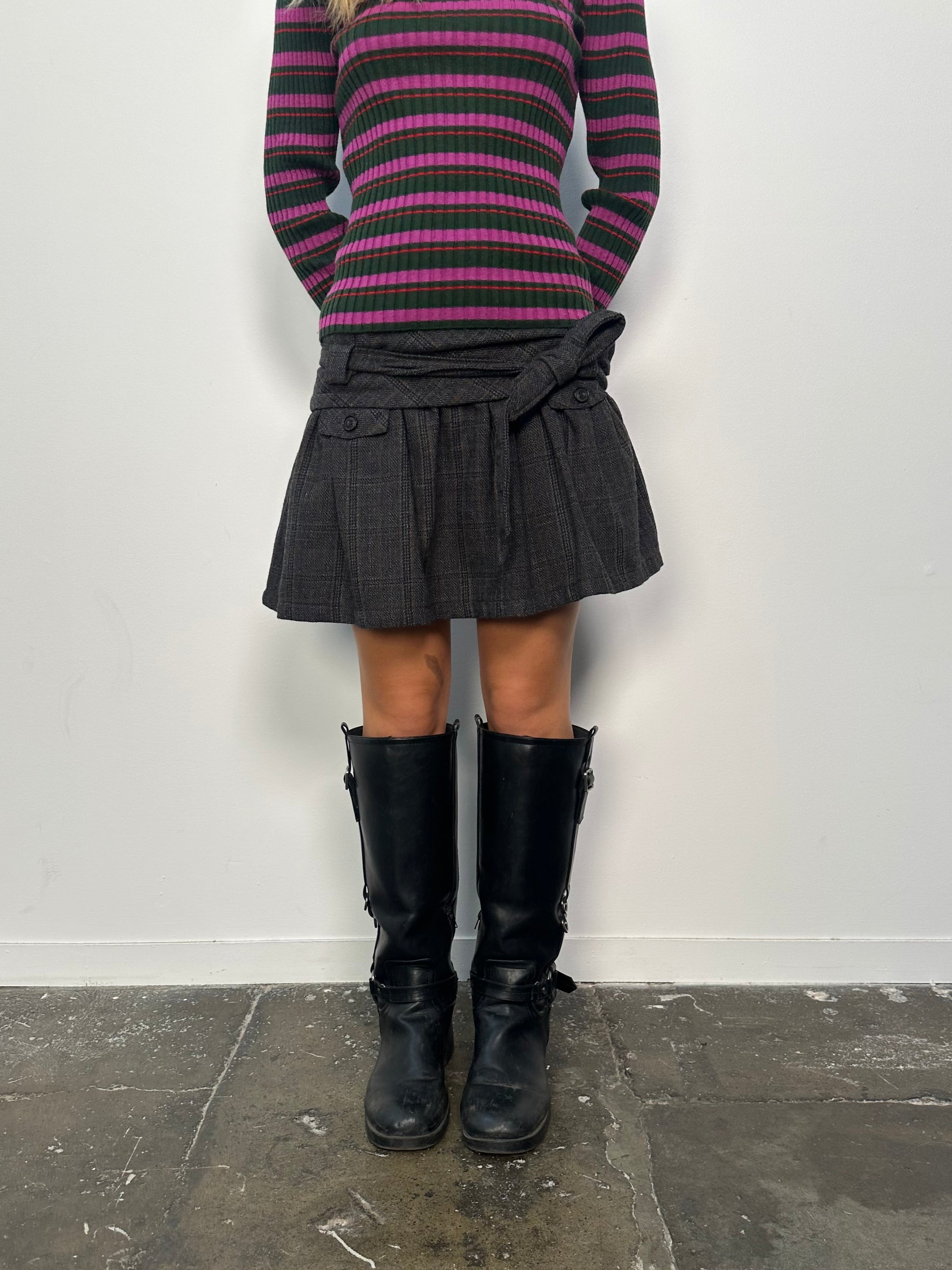 Dark Grey Woven Check Mini Skirt - Size L