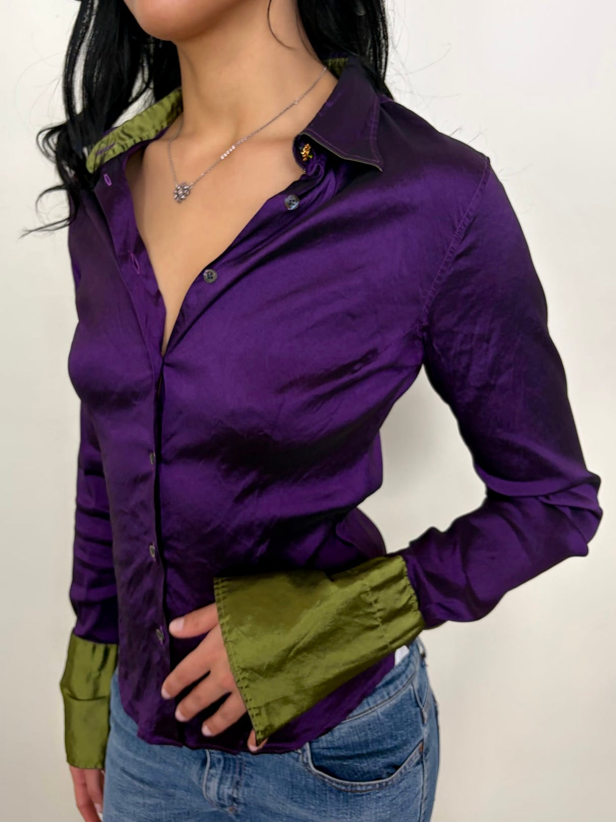 Deep Purple & Olive Green Satin Shirt - Size S