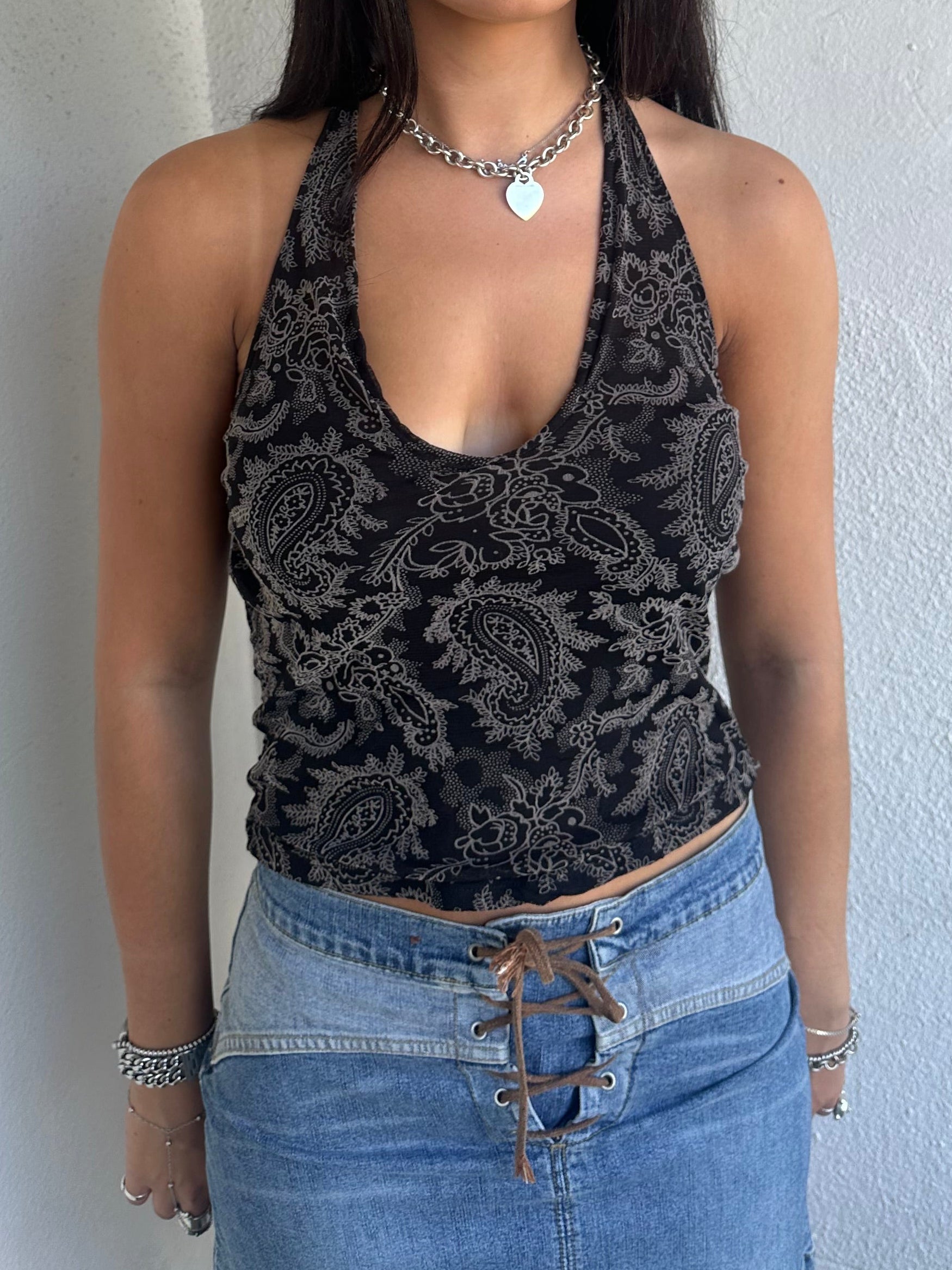 Black Paisley Print Halter Top - Size S