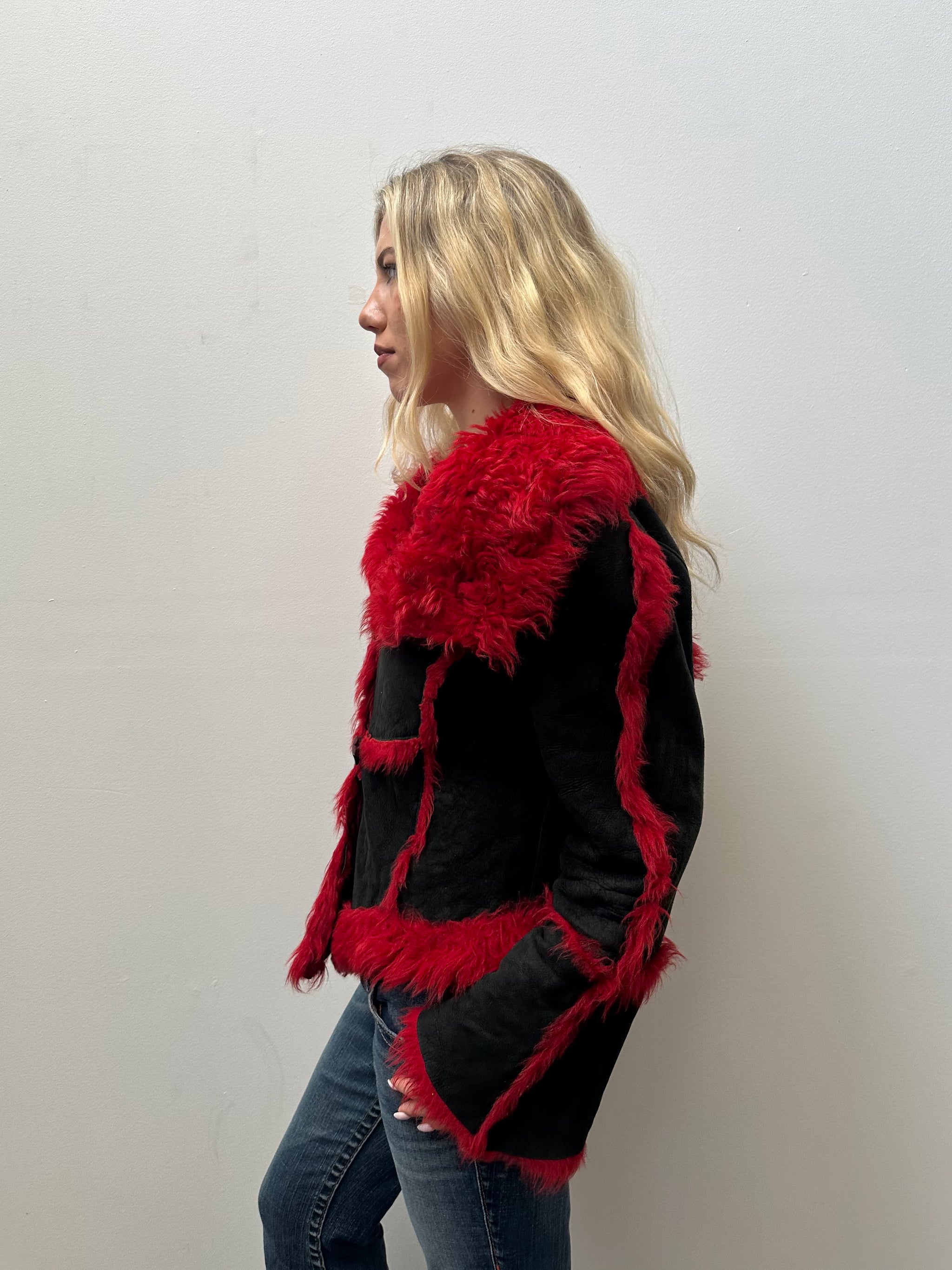 Red Faux Fur & Black Suede Coat - Size L