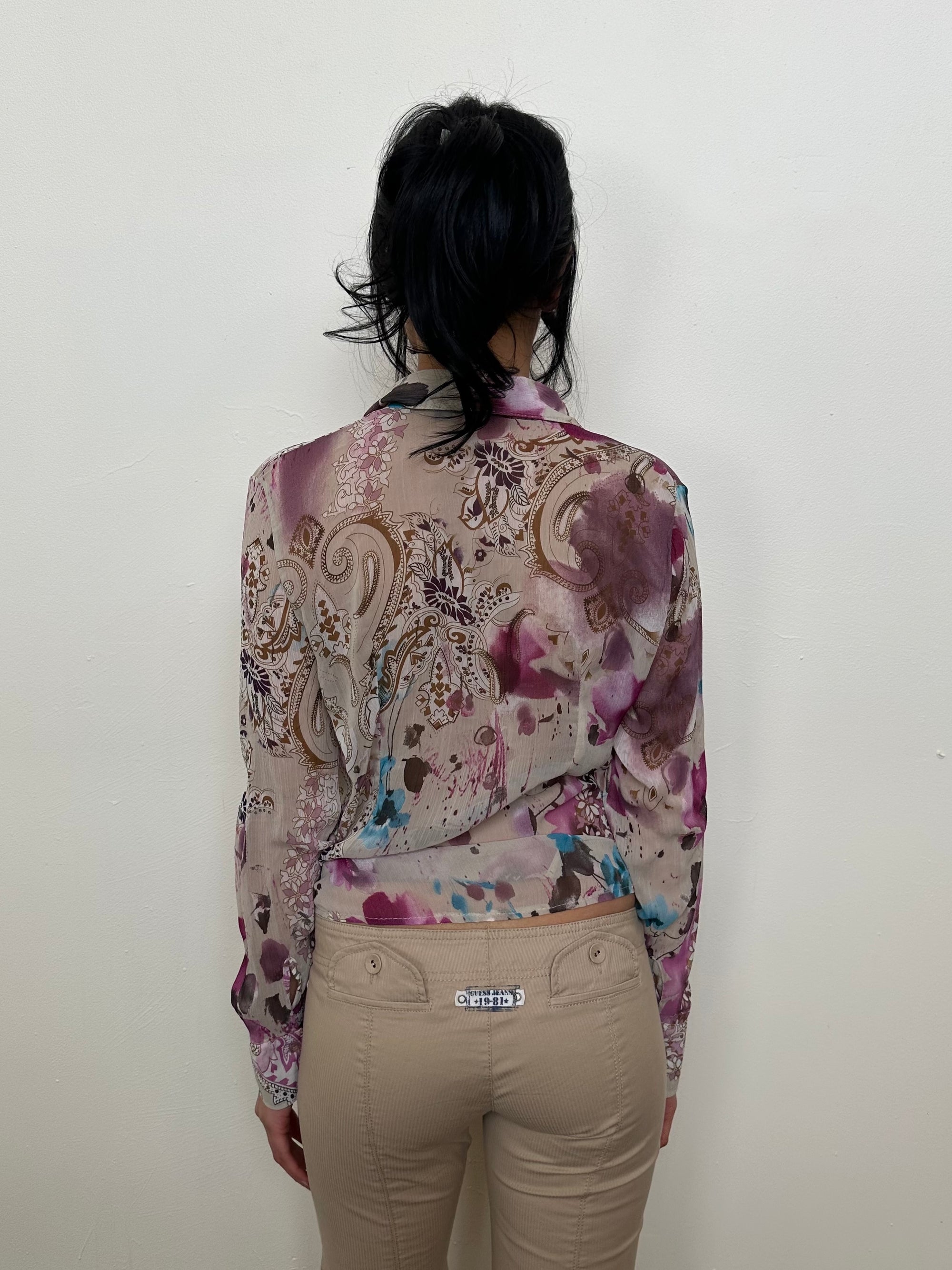 Beige & Purple Floral Ruffle Blouse - Size M