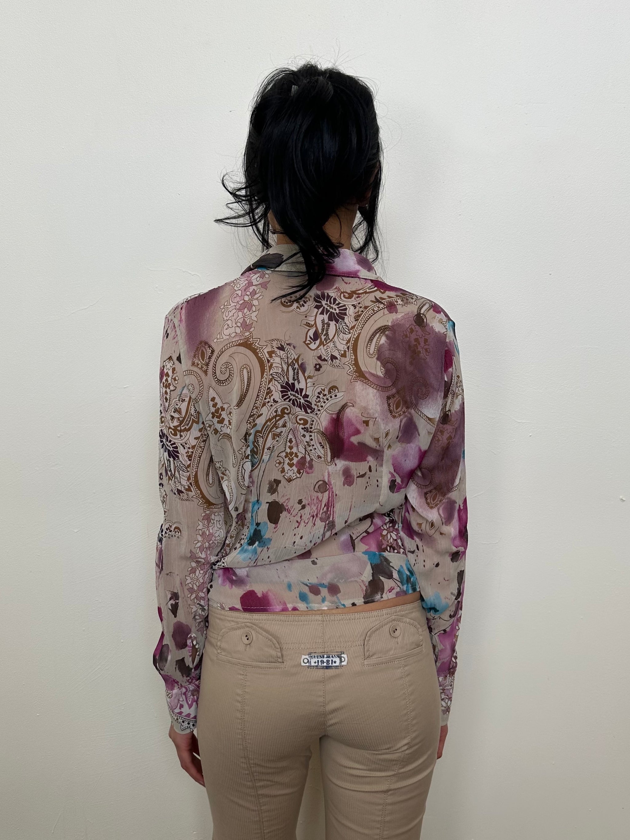 Beige & Purple Floral Ruffle Blouse - Size M