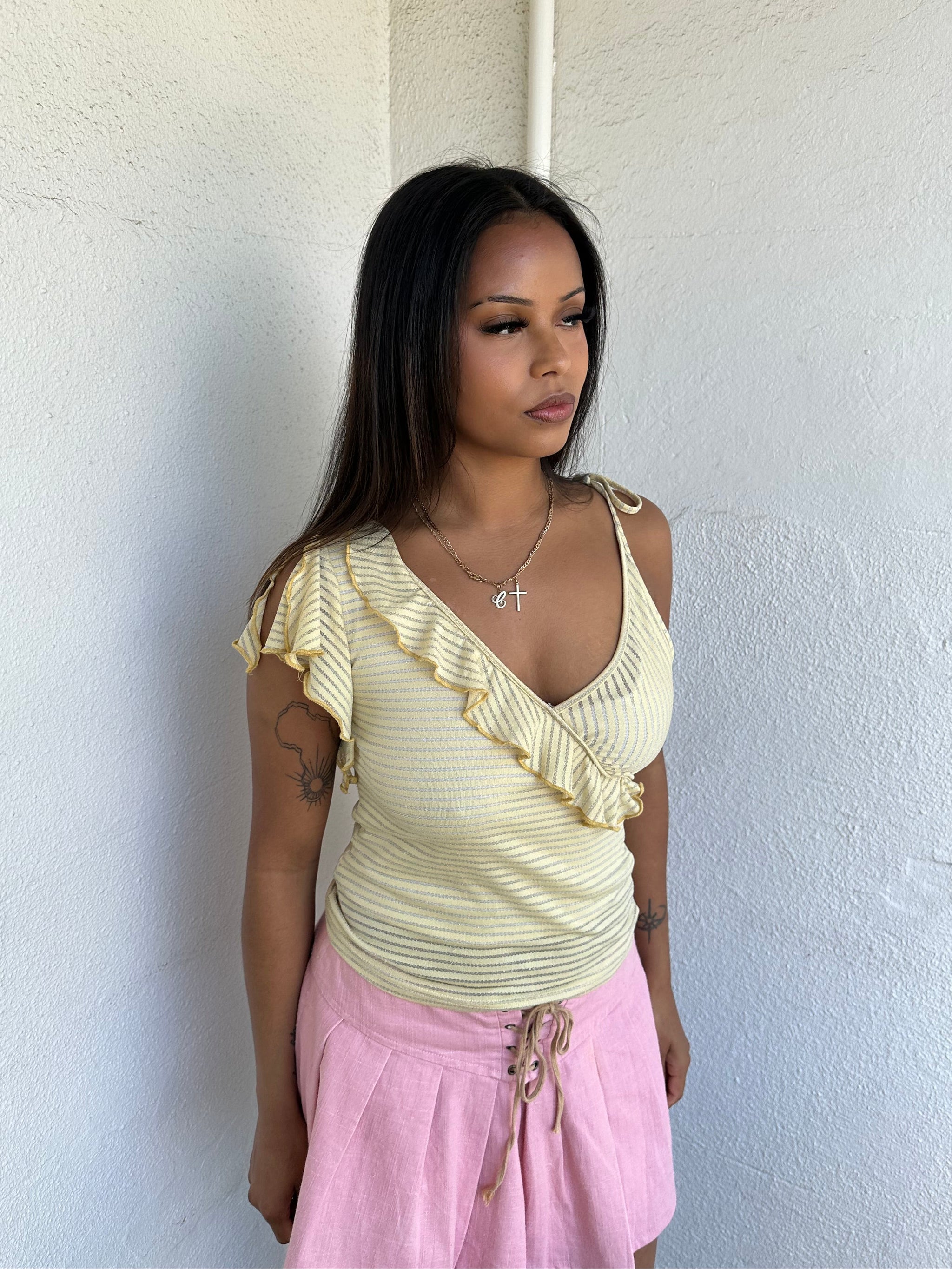 Asymmetric Yellow & Silver Stripe Top