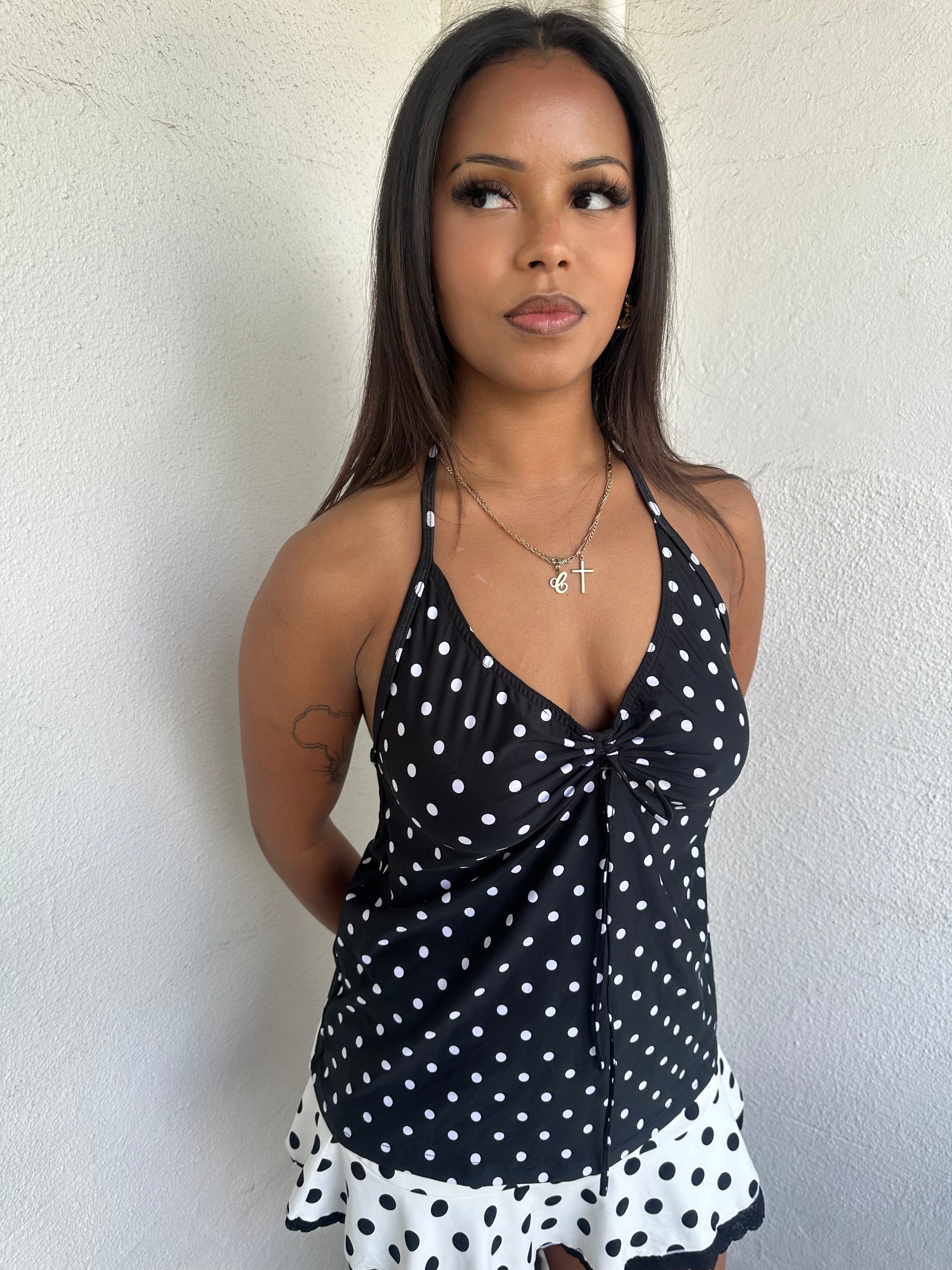 Black & White Polkadot Halter Neck Top