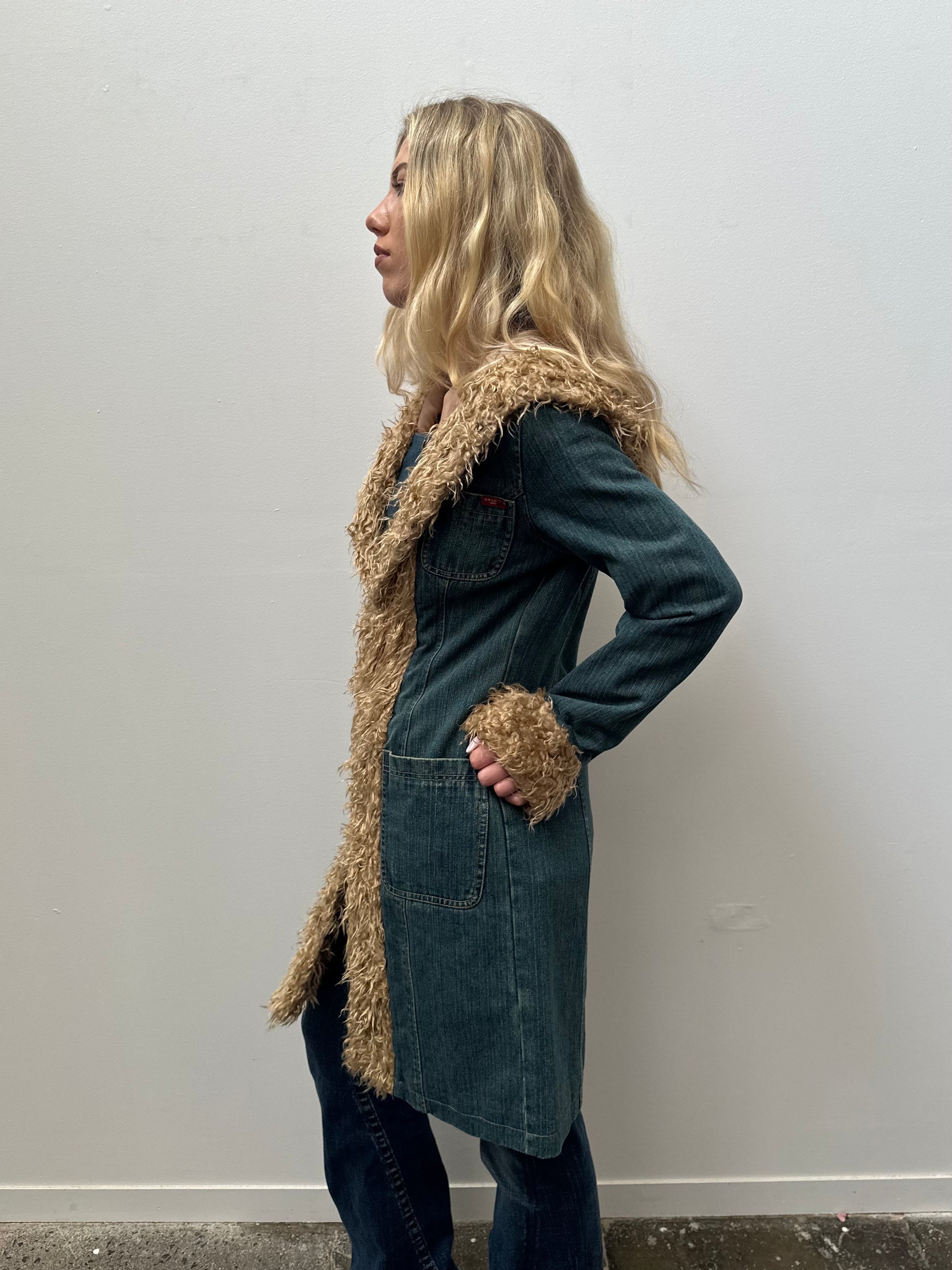 Denim Faux Fur Trimmed Hooded Jacket - Size S