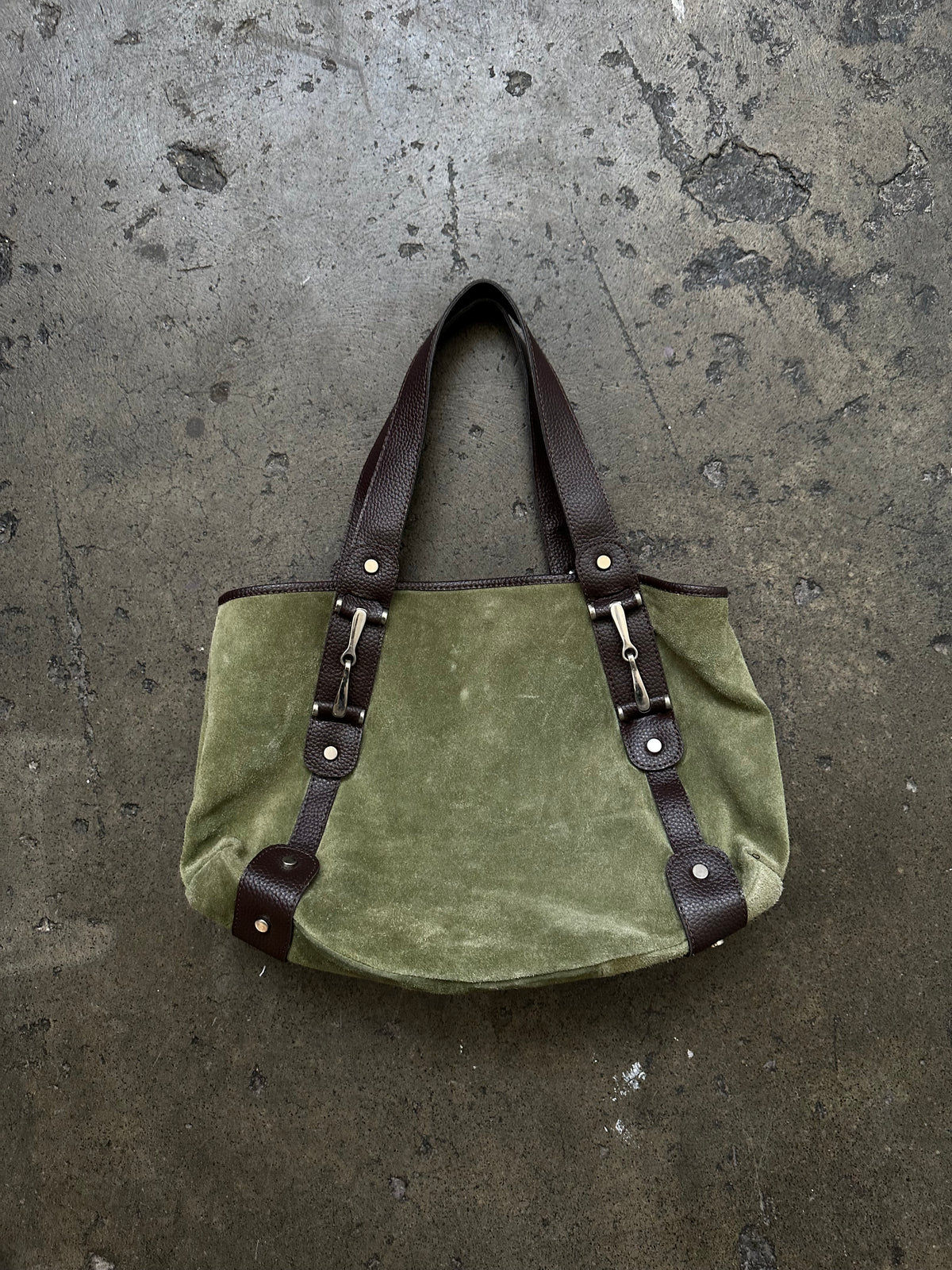 Green Suede & Brown Leather Tote Bag