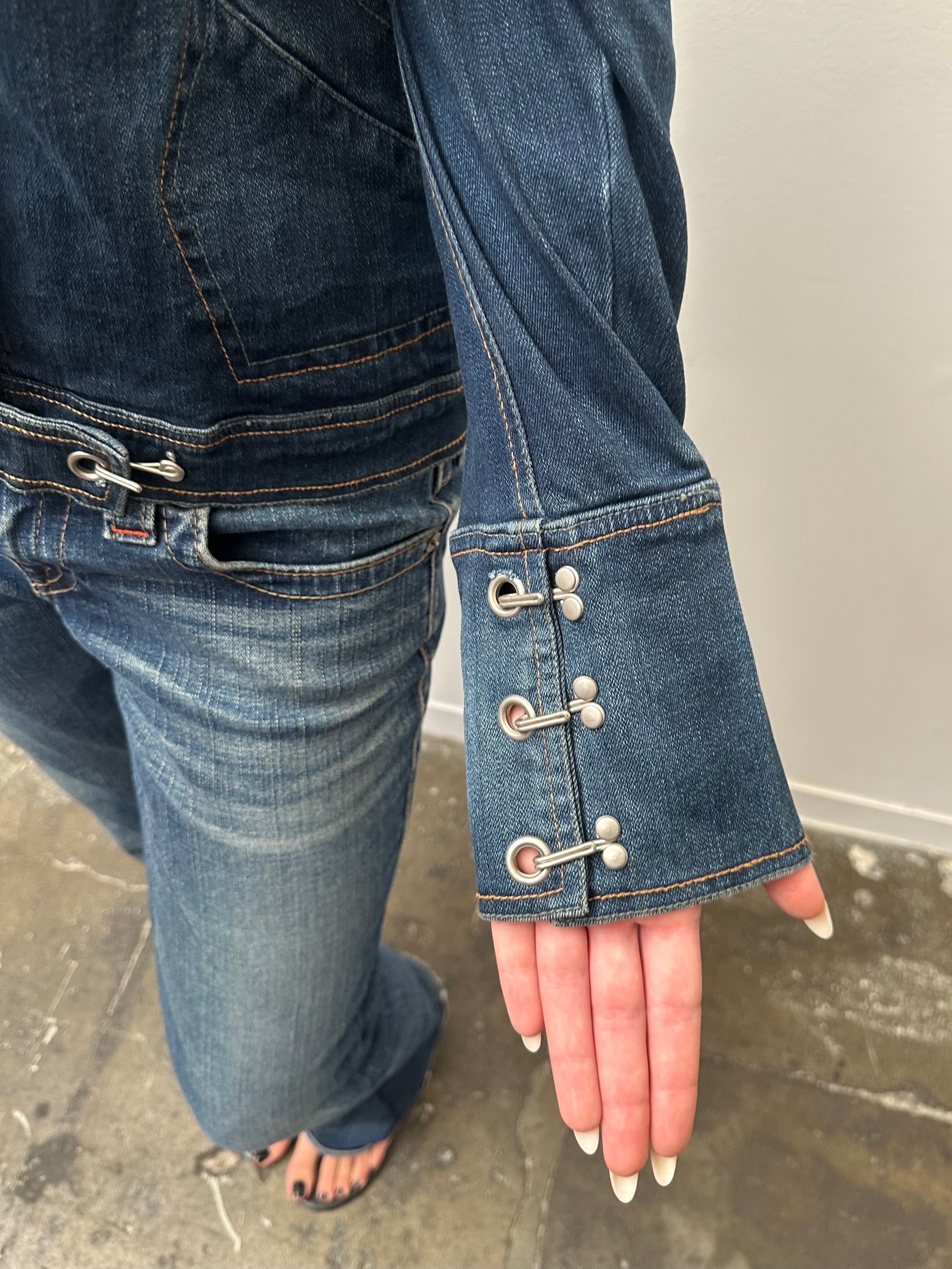 Dark Denim Hook & Eye Biker Jacket - Size M