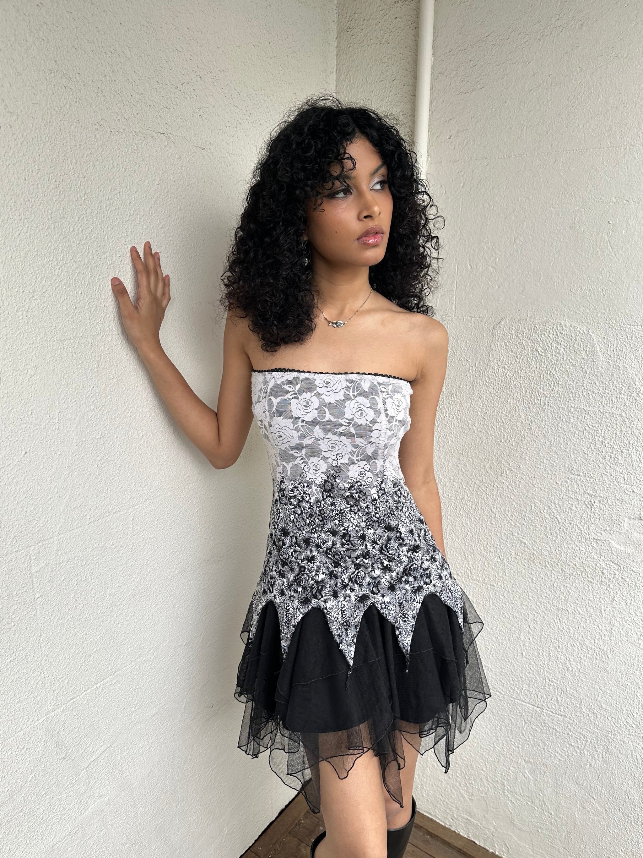 Black & White Lace Strapless Mini Dress - Size S