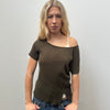 Khaki Knitted Wide Neck Top - Size L