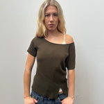 Khaki Knitted Wide Neck Top - Size L