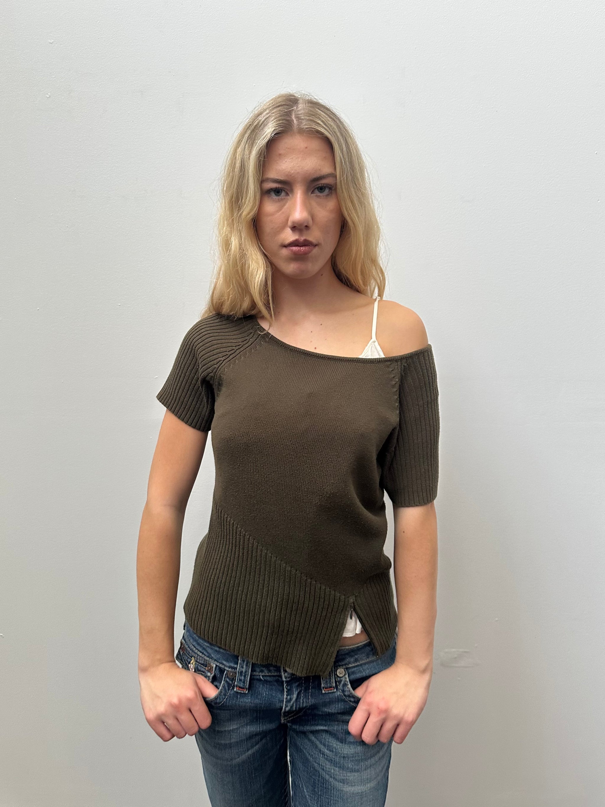 Khaki Knitted Wide Neck Top - Size L
