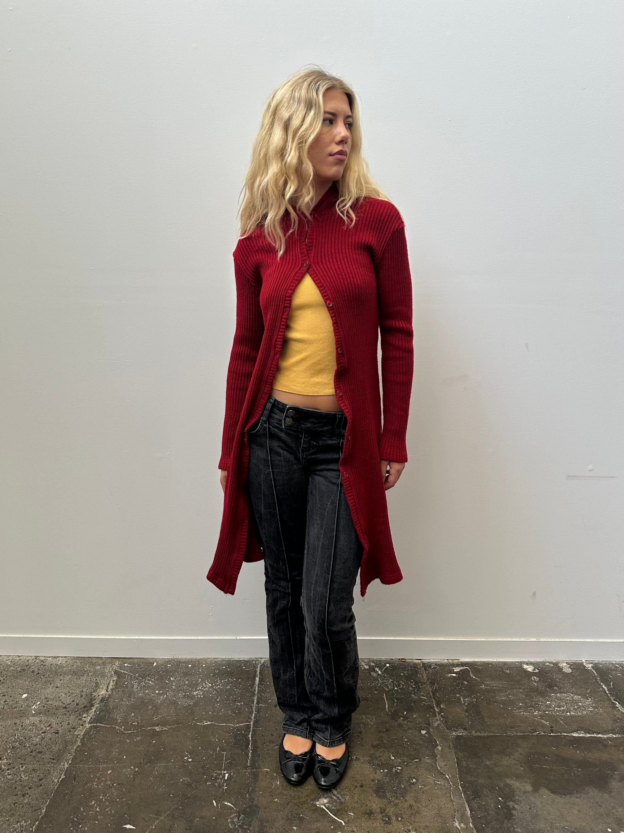 Red Ribbed Maxi Cardigan - Size M
