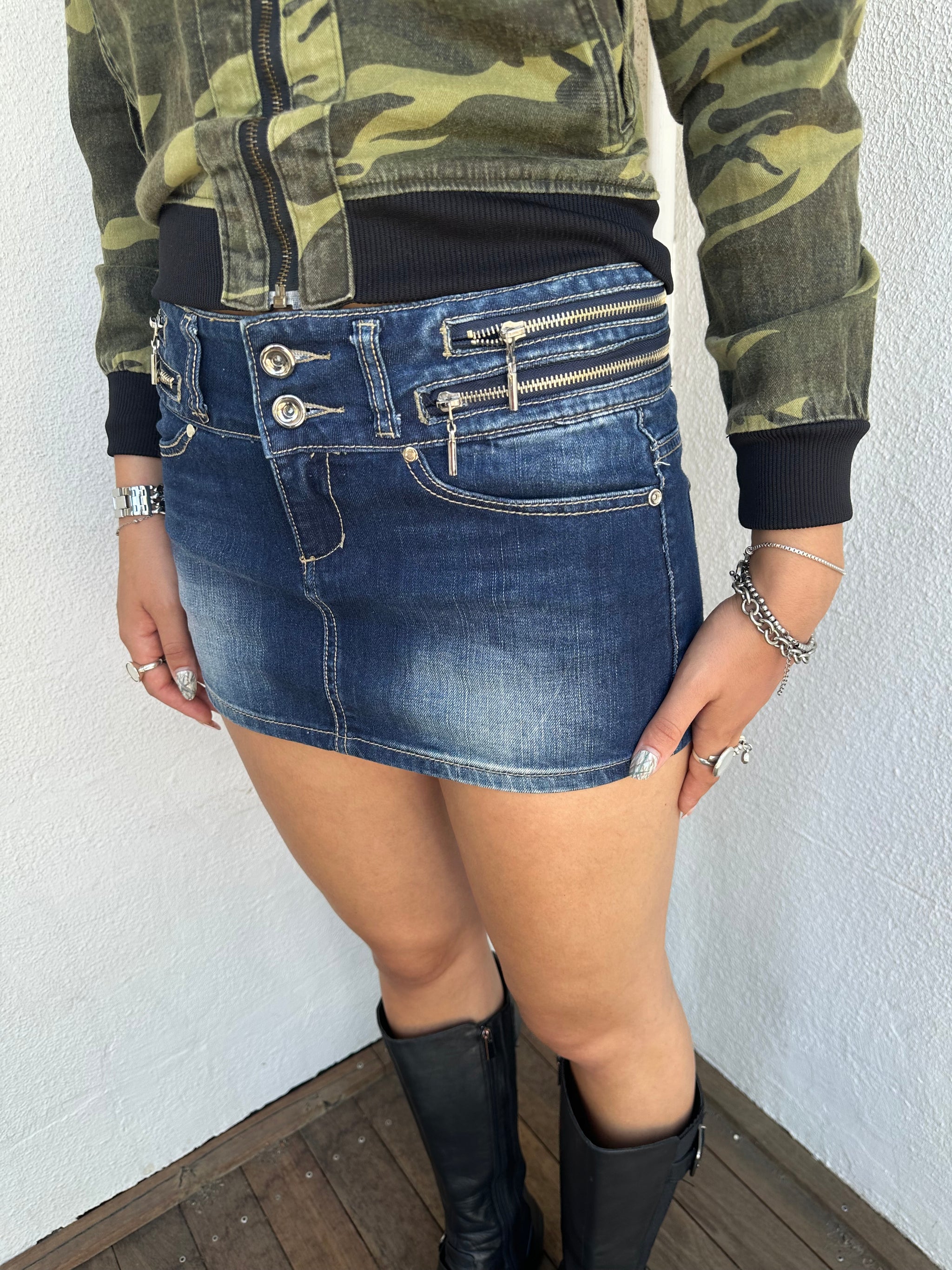 Dark Denim Zip Detail Mini Skirt - Size M