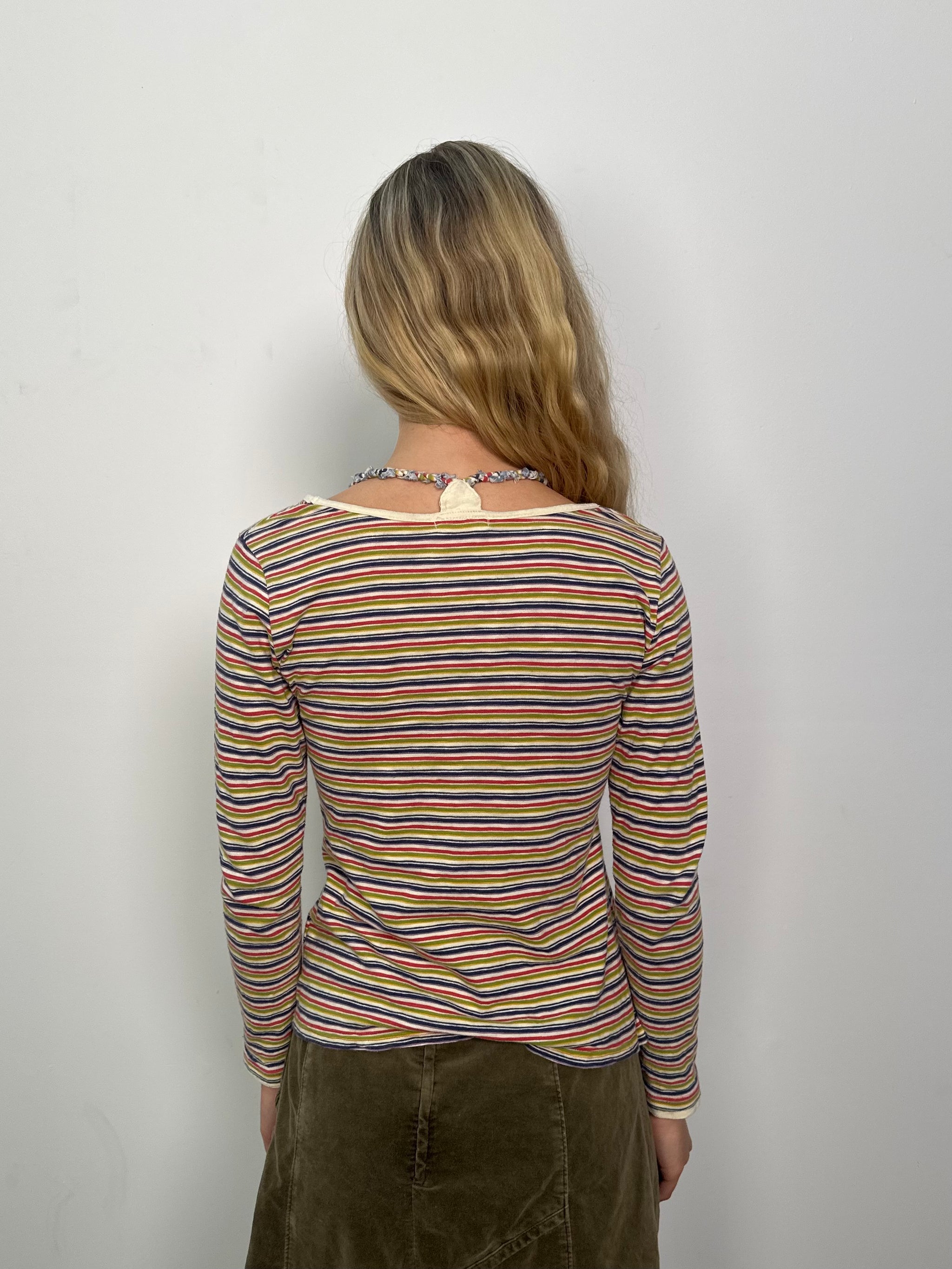 Braided Strap Multicoloured Stripe Long Sleeve Top - Size M