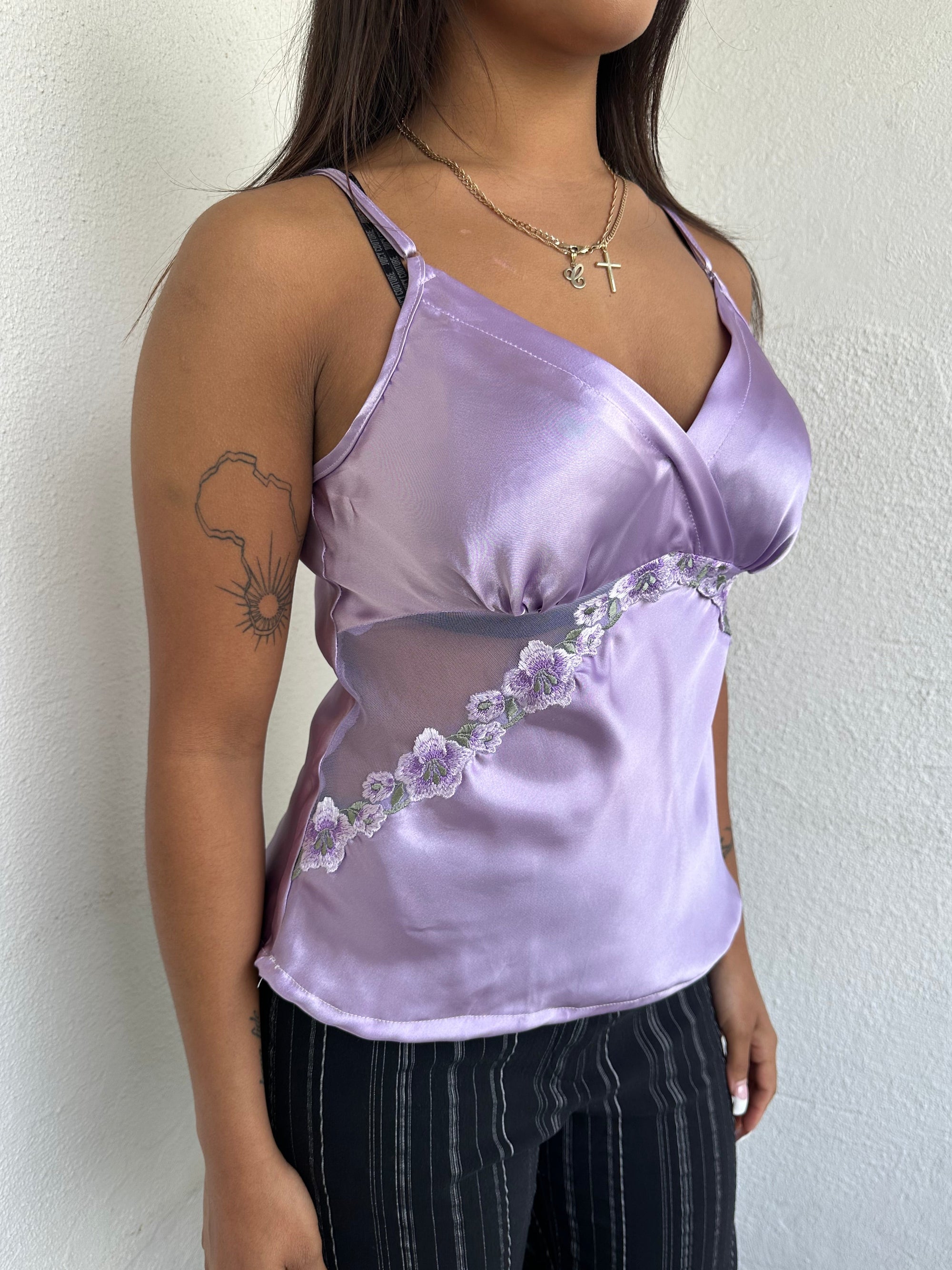 Lilac Floral Embroidered Satin Cami Top