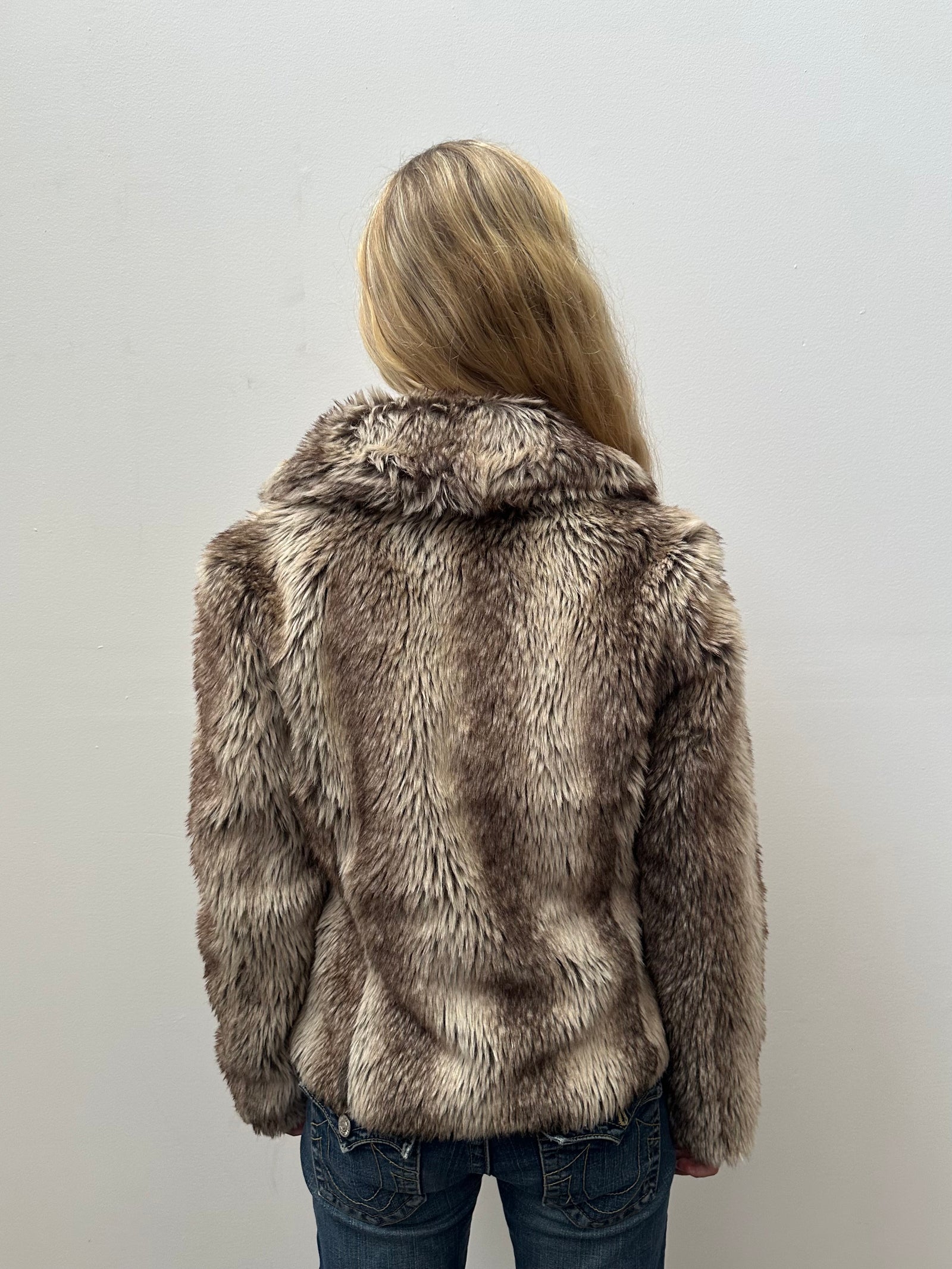 Tipped Brown & Grey Faux Fur Jacket - Size M