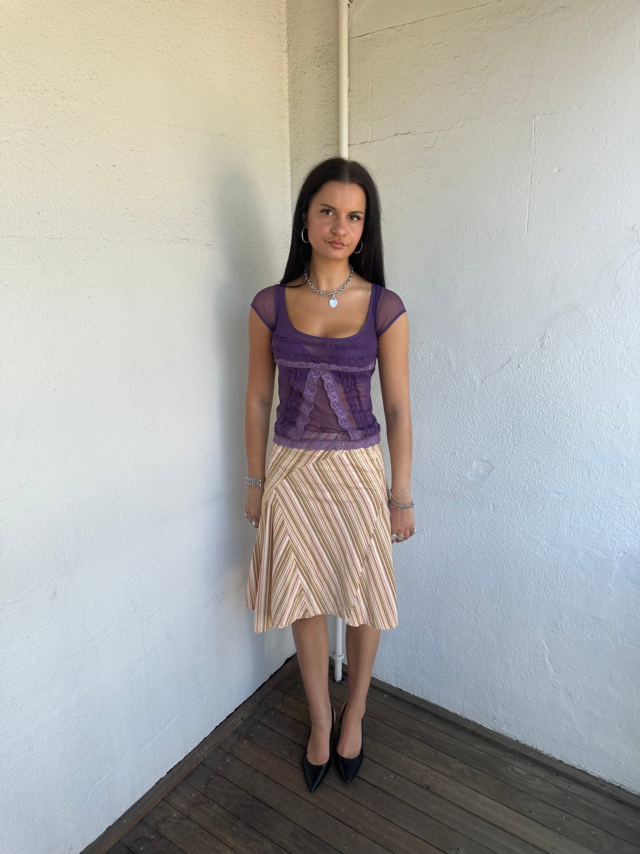 Beige Multi Stripe Midi Skirt - Size S