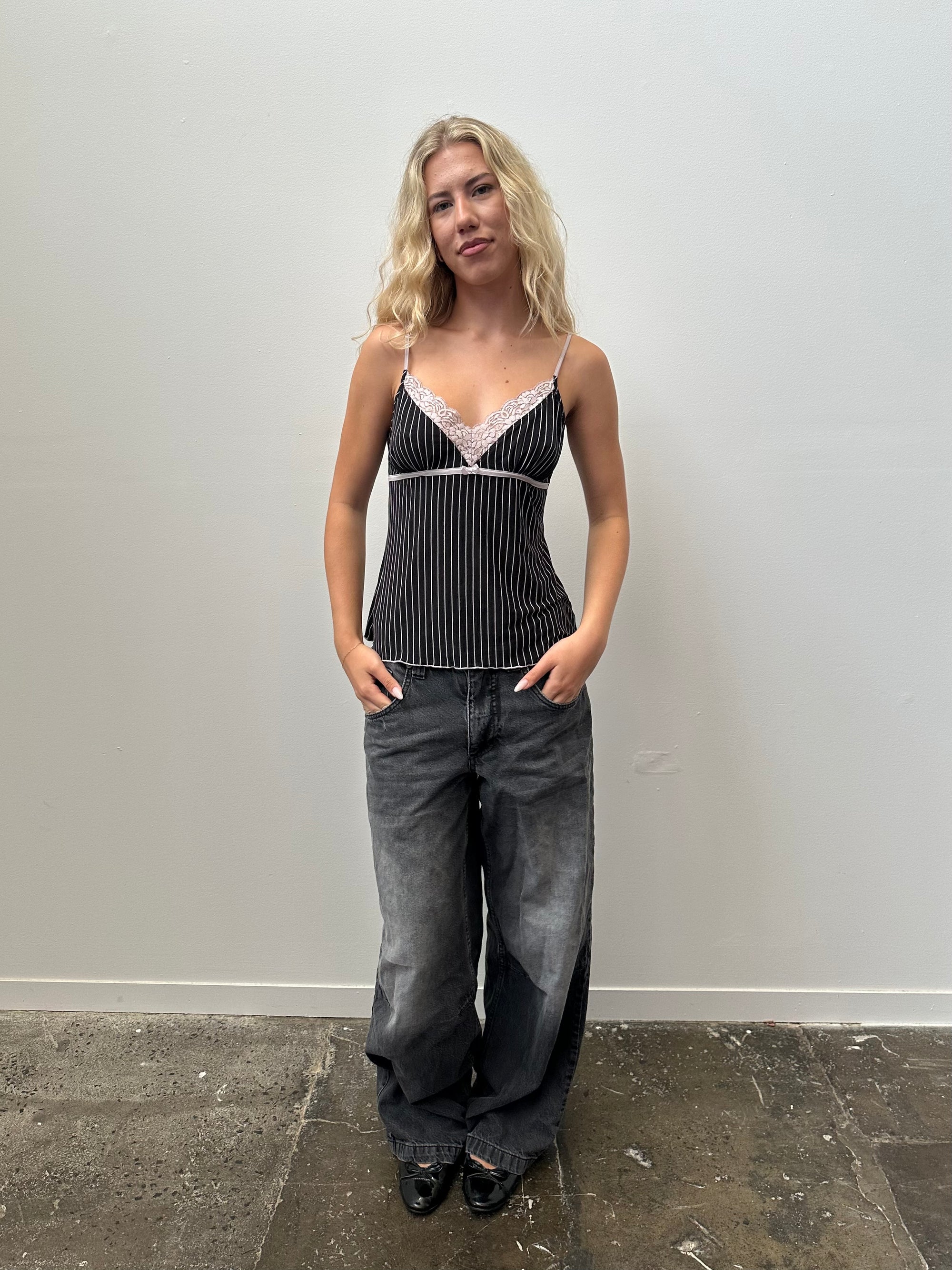 Black & Baby Pink Pinstripe Cami Top - Size M/L