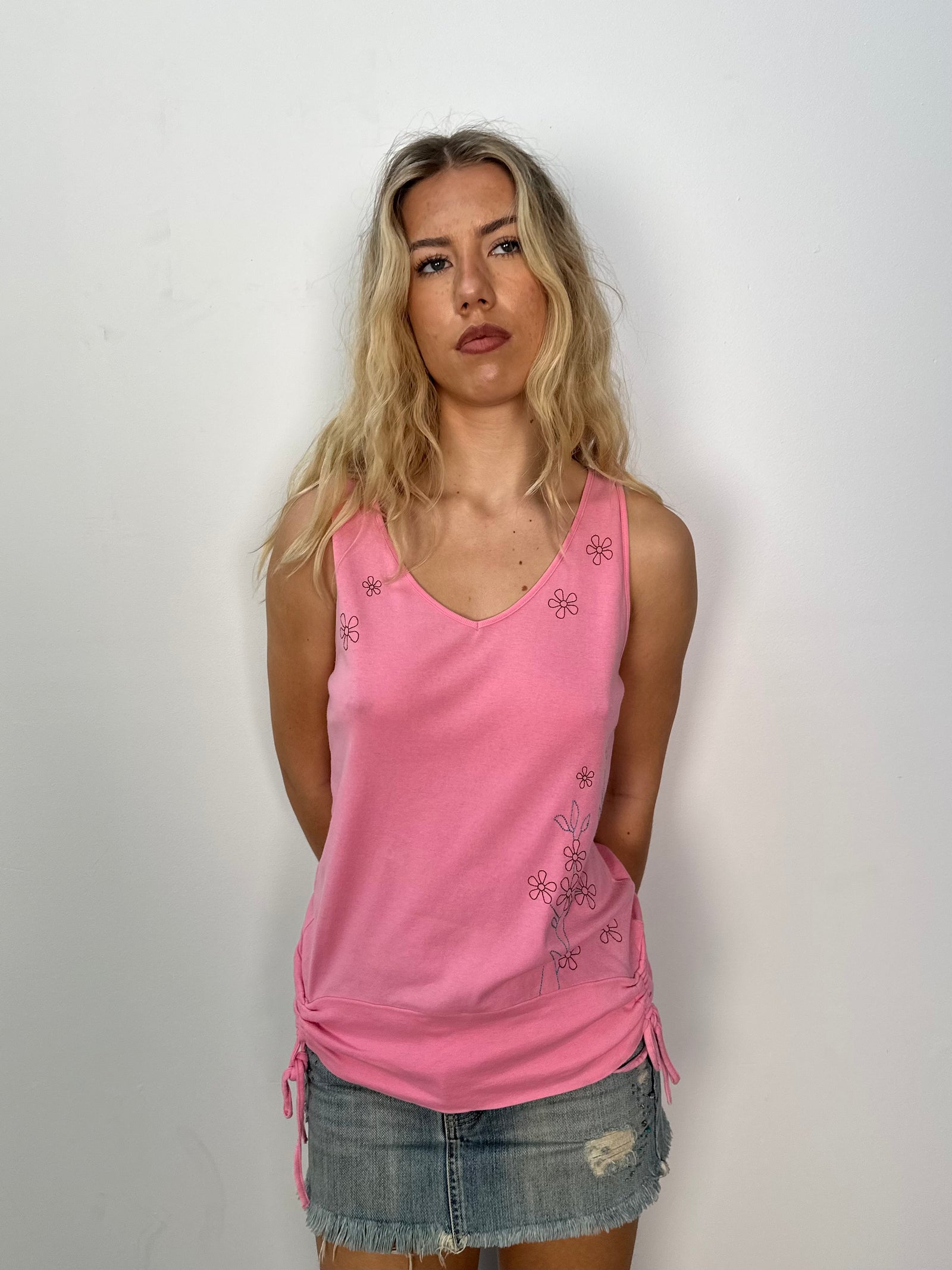 Flower Embroidered Vneck Tank Top - Size M
