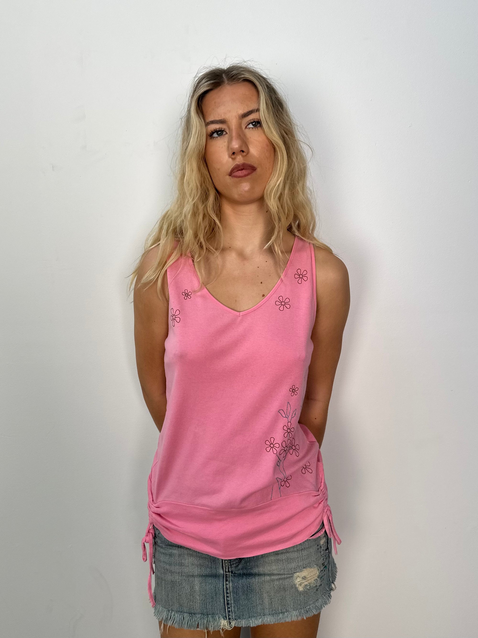 Flower Embroidered Vneck Tank Top - Size M