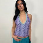 Lilac & Turquoise Snake Print Mesh Halter Top - Size M
