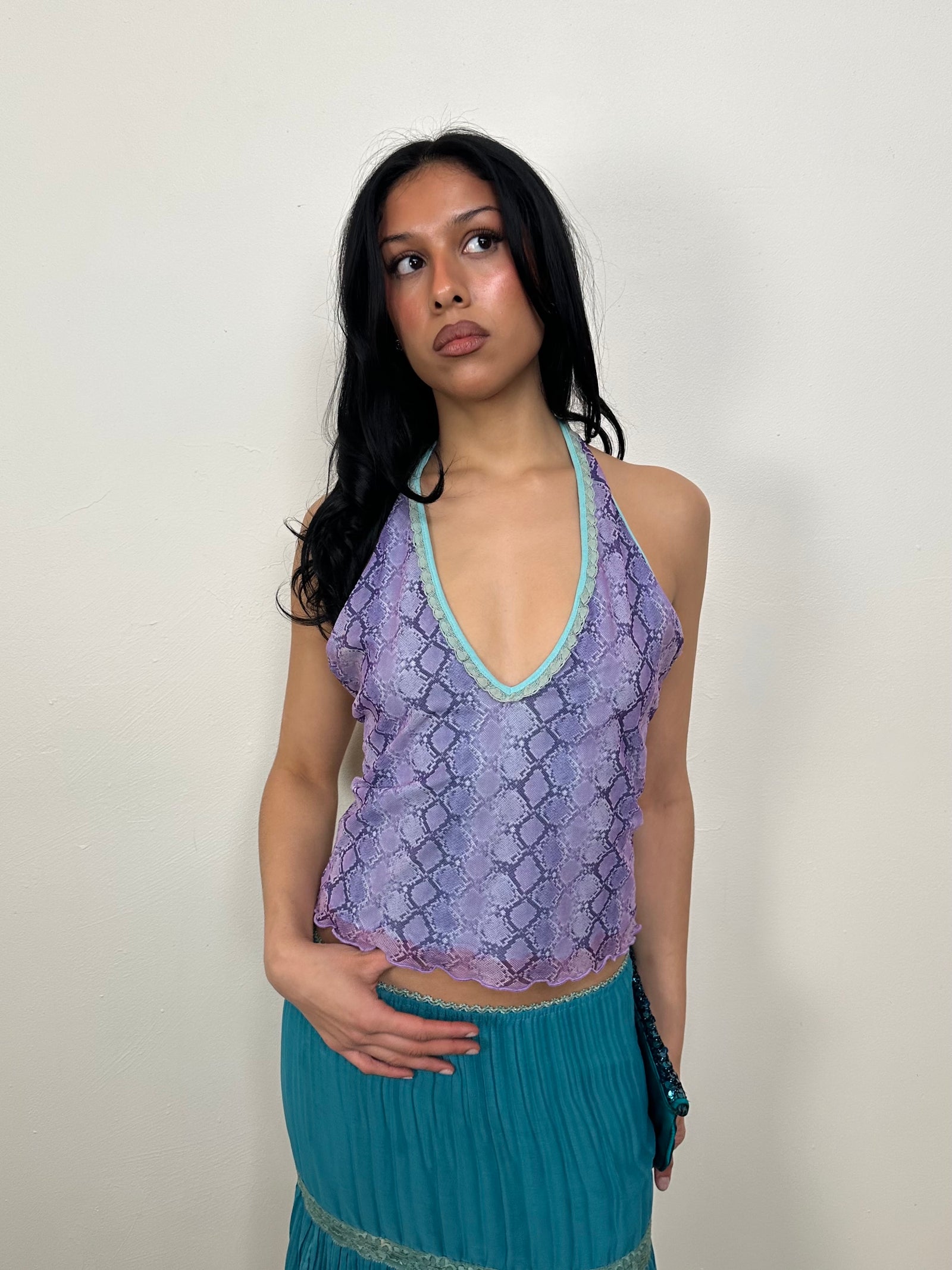 Lilac & Turquoise Snake Print Mesh Halter Top - Size M