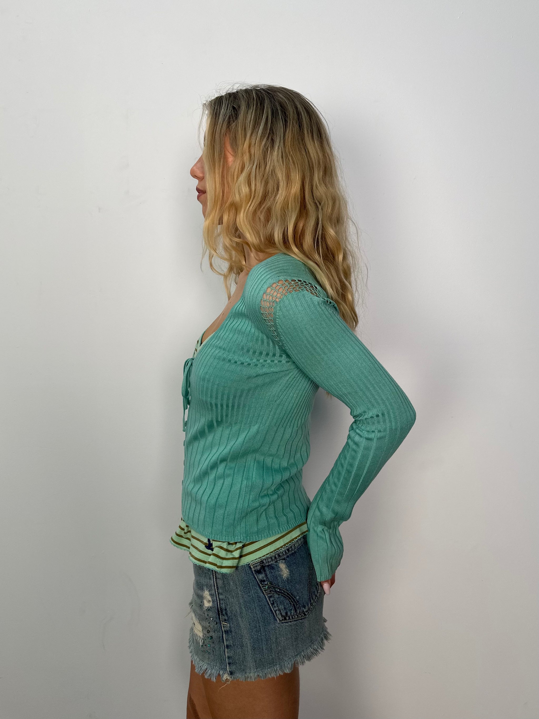 Turquoise Knitted Tie Up Cardigan - Size S