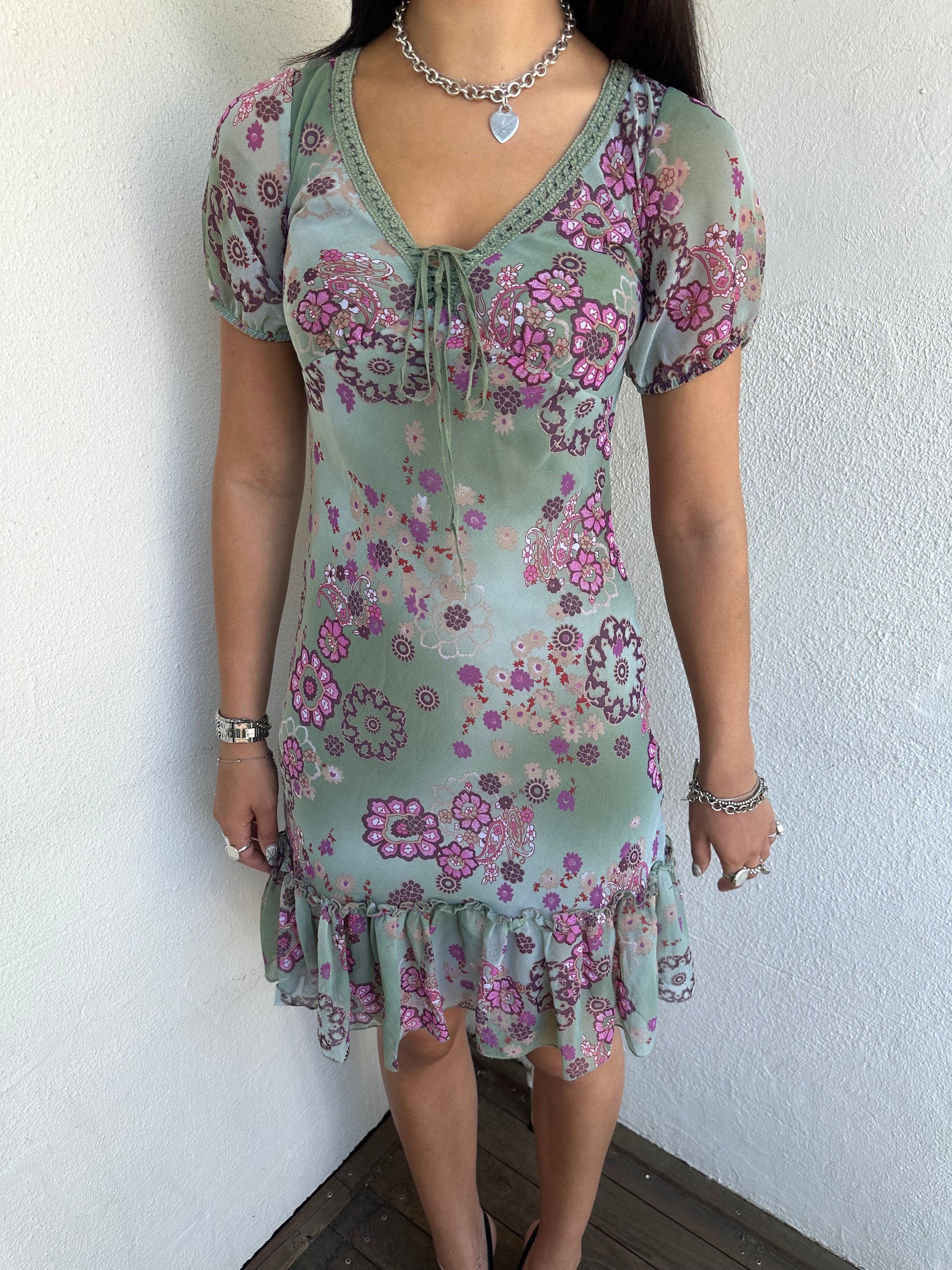 Green & Pink Floral Milkmaid Dress - Size S