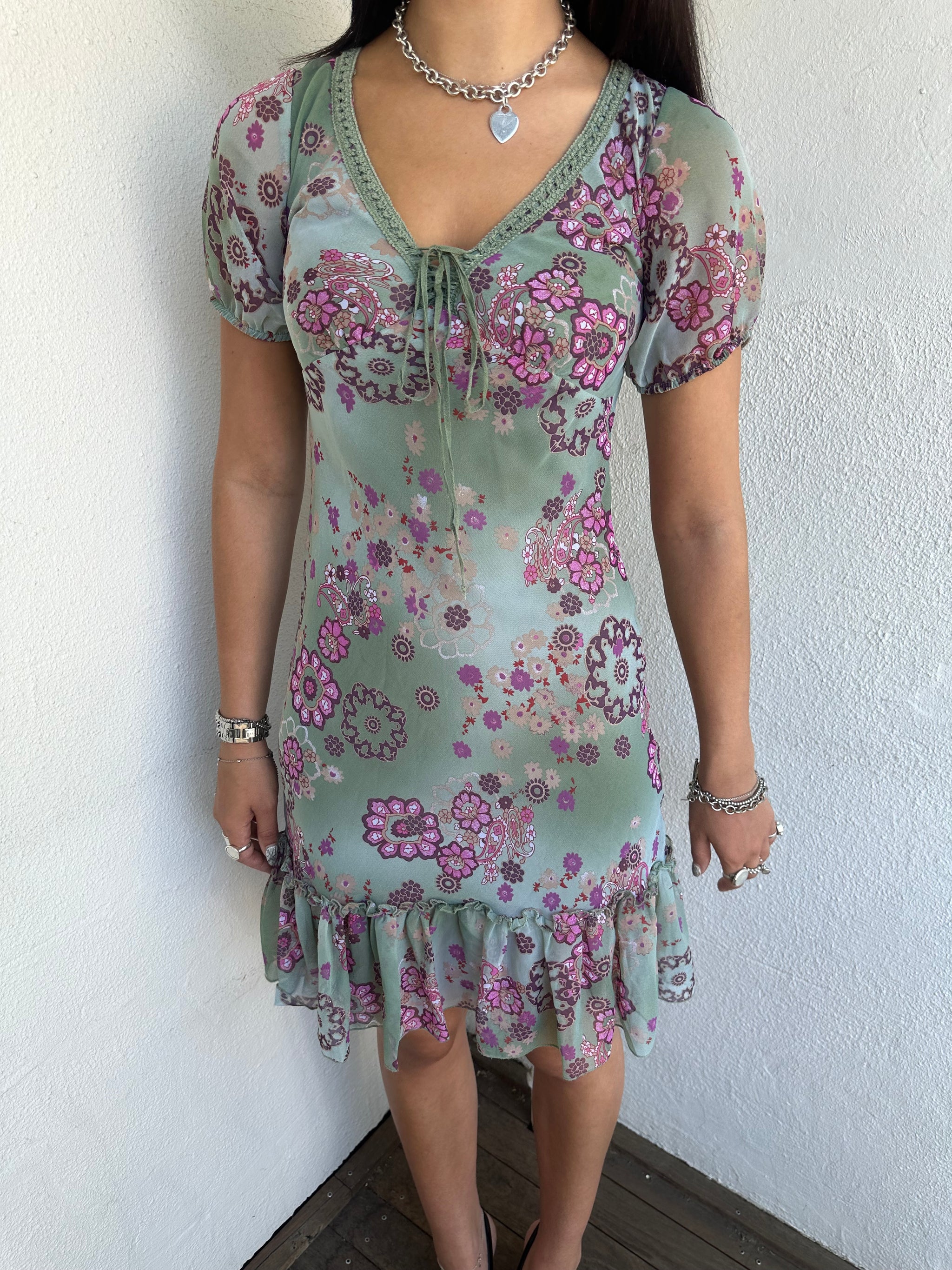 Green & Pink Floral Milkmaid Dress - Size S