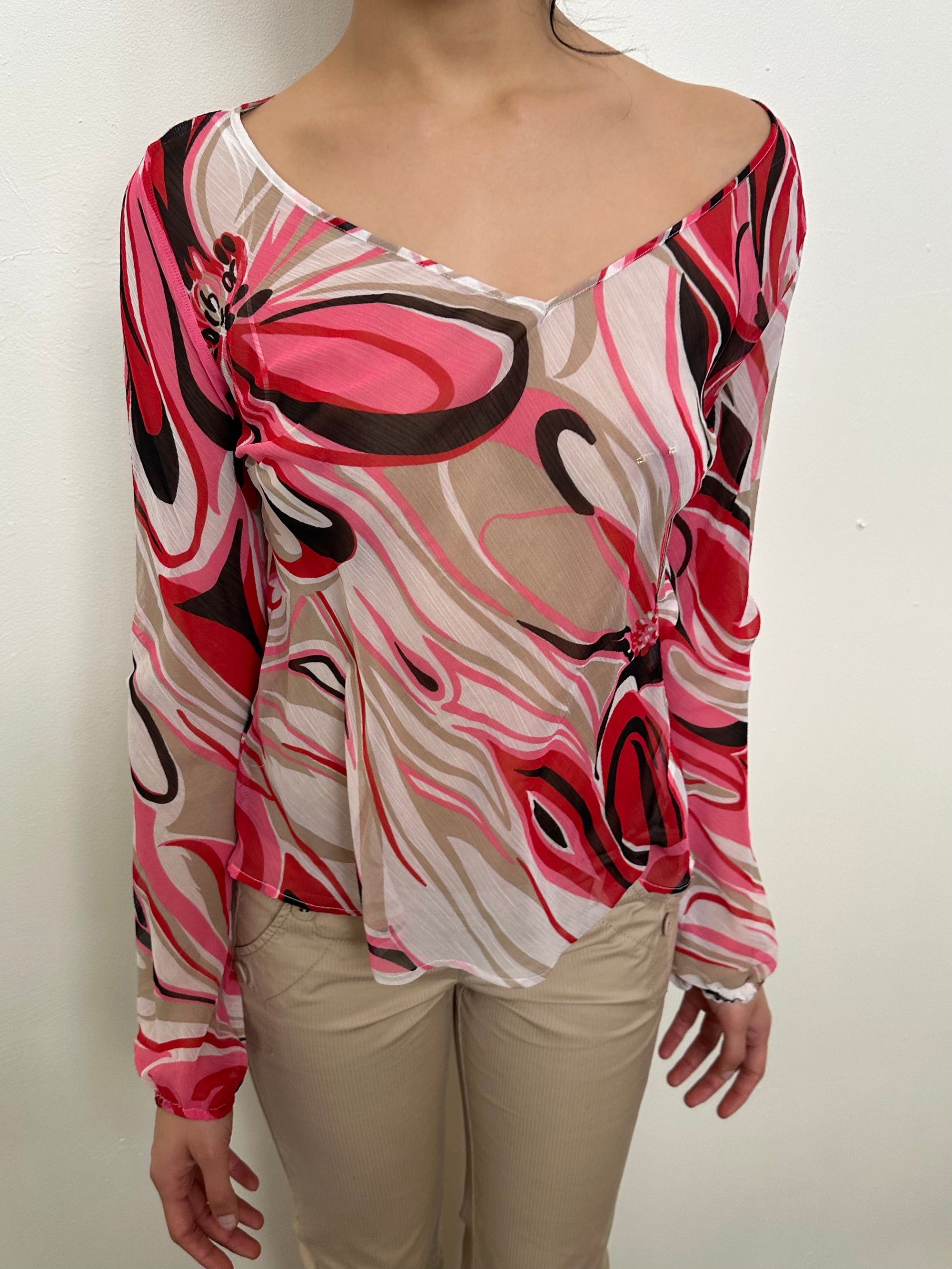 Pink Abstract Swirl Pattern Sheer Blouse - Size 14