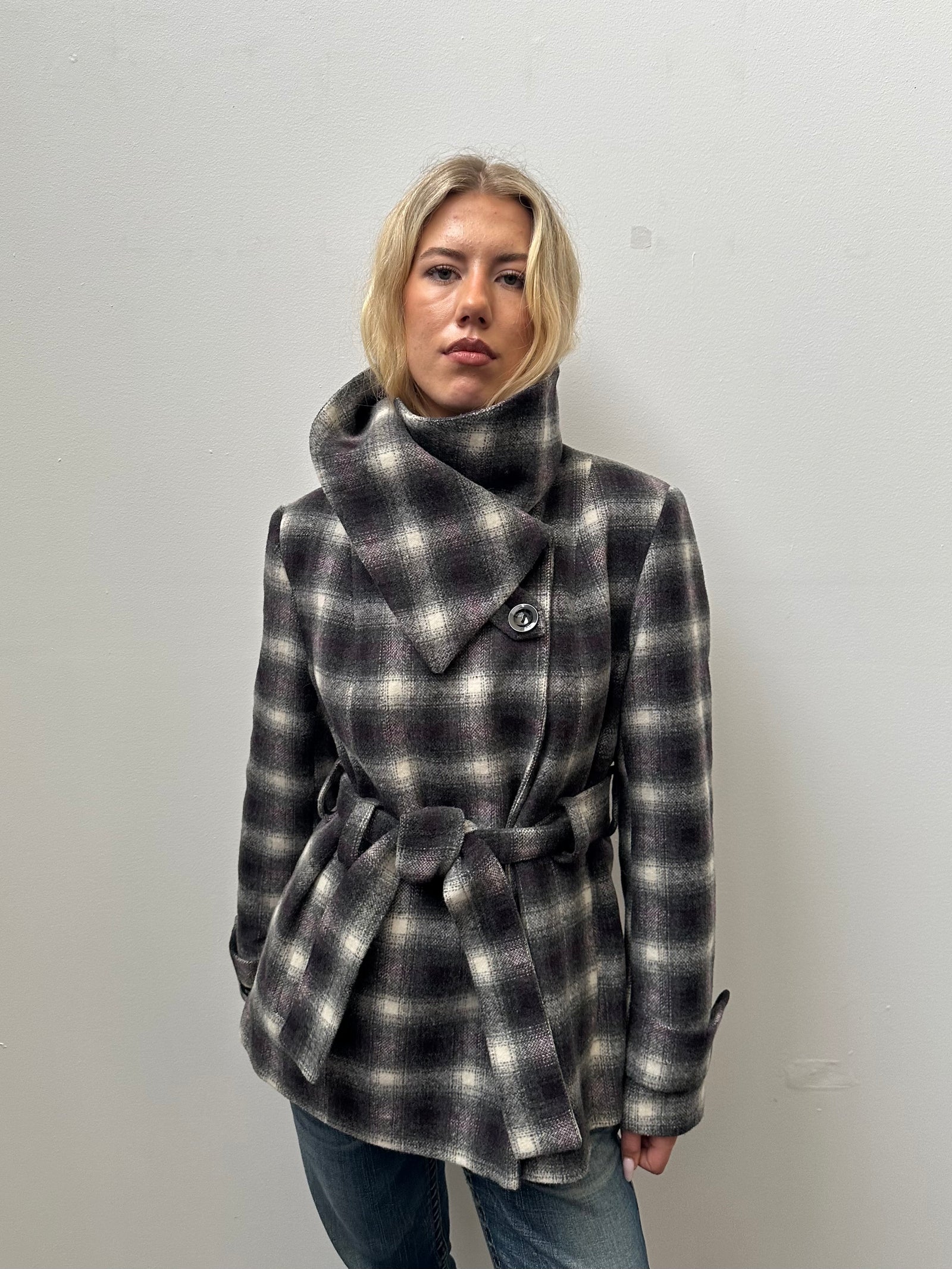 Purple & Black Tartan Funnel Neck Jacket - Size L