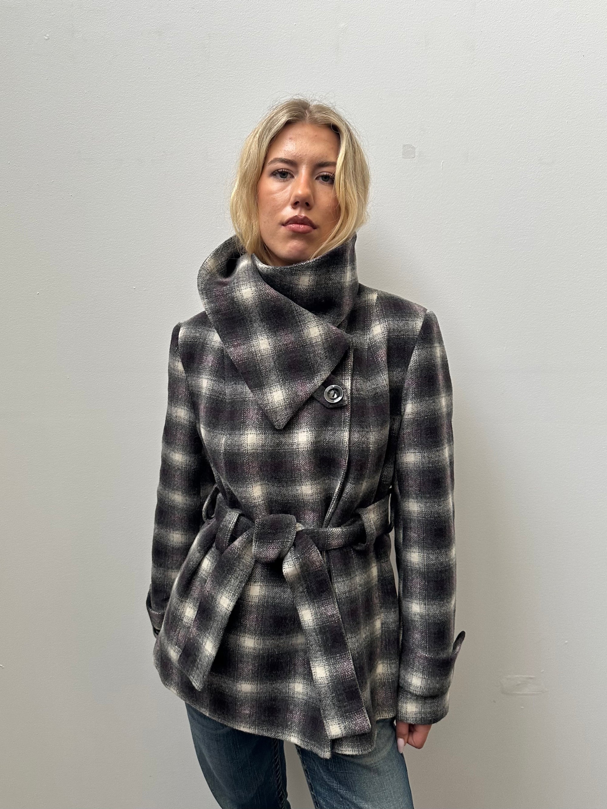 Purple & Black Tartan Funnel Neck Jacket - Size L