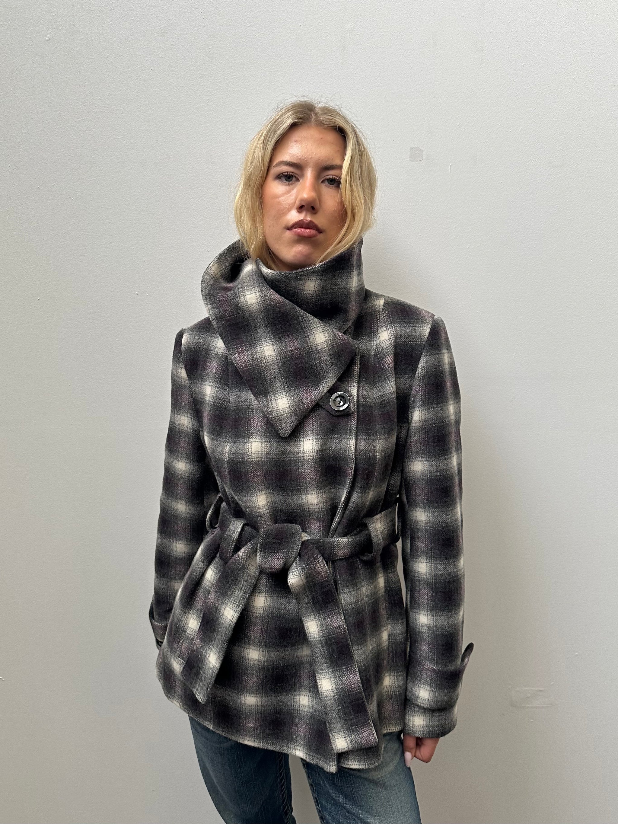 Purple & Black Tartan Funnel Neck Jacket - Size L