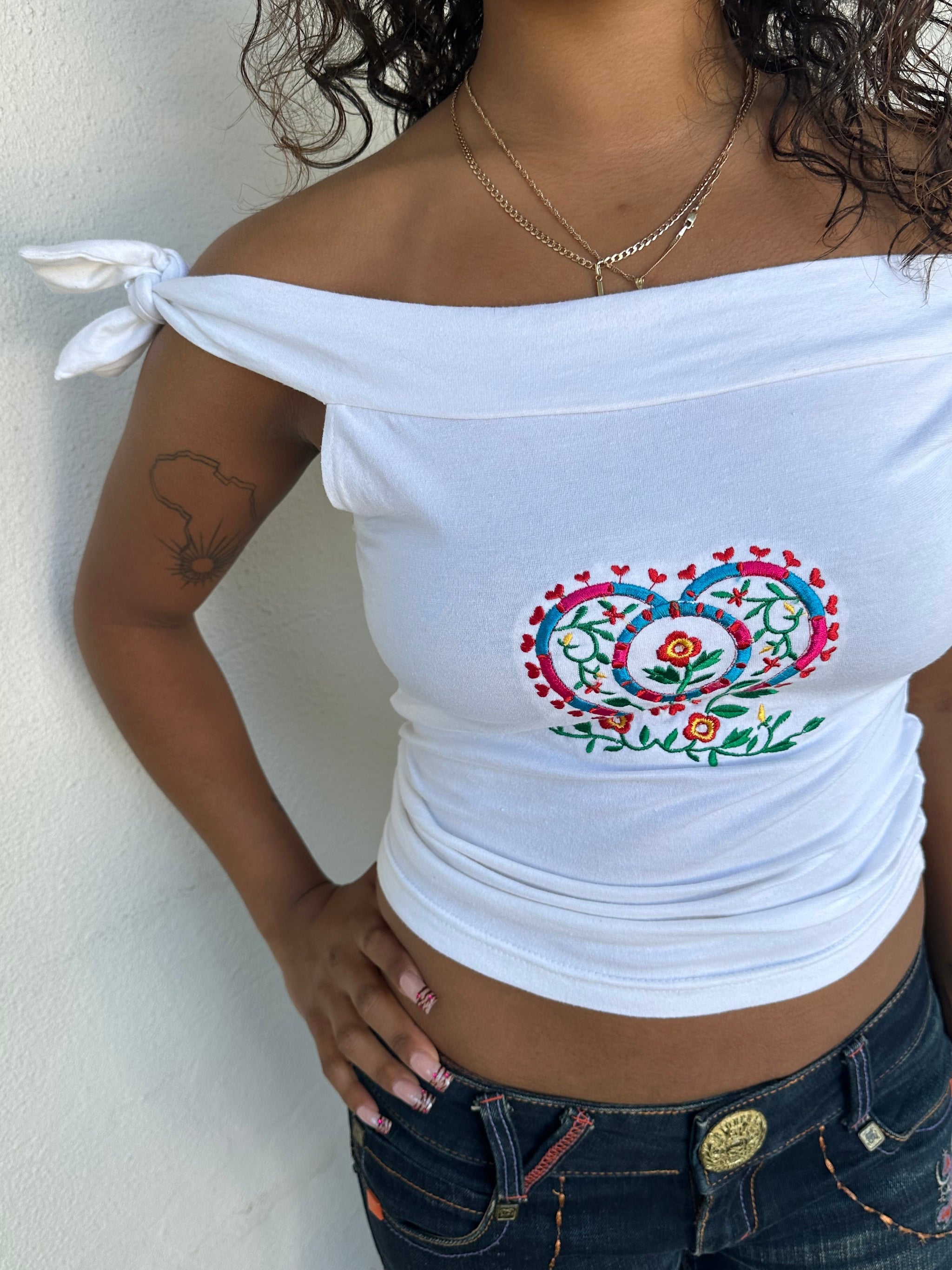 Embroidered White Tie Off The Shoulder Top - Size S